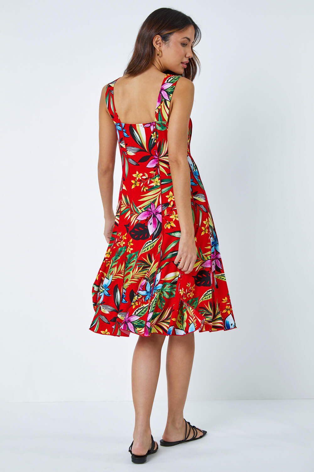 Red Sleeveless Floral Panel Stretch Dress , Image 3 of 5
