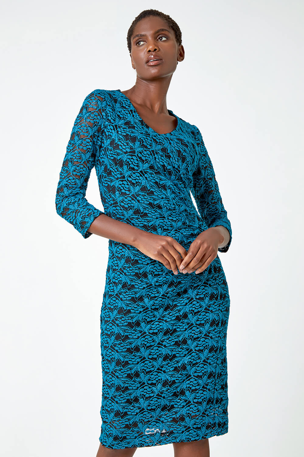 Teal Glitter Lace Ruched Shift Stretch Dress , Image 3 of 6