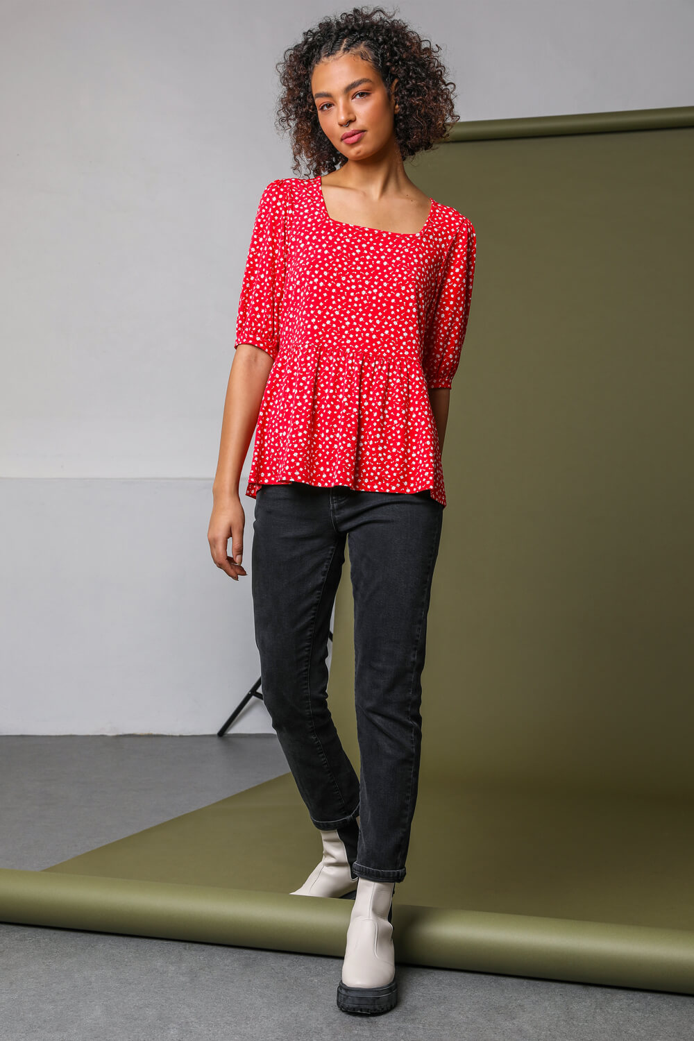 Red Ditsy Floral Peplum Jersey Top, Image 3 of 5