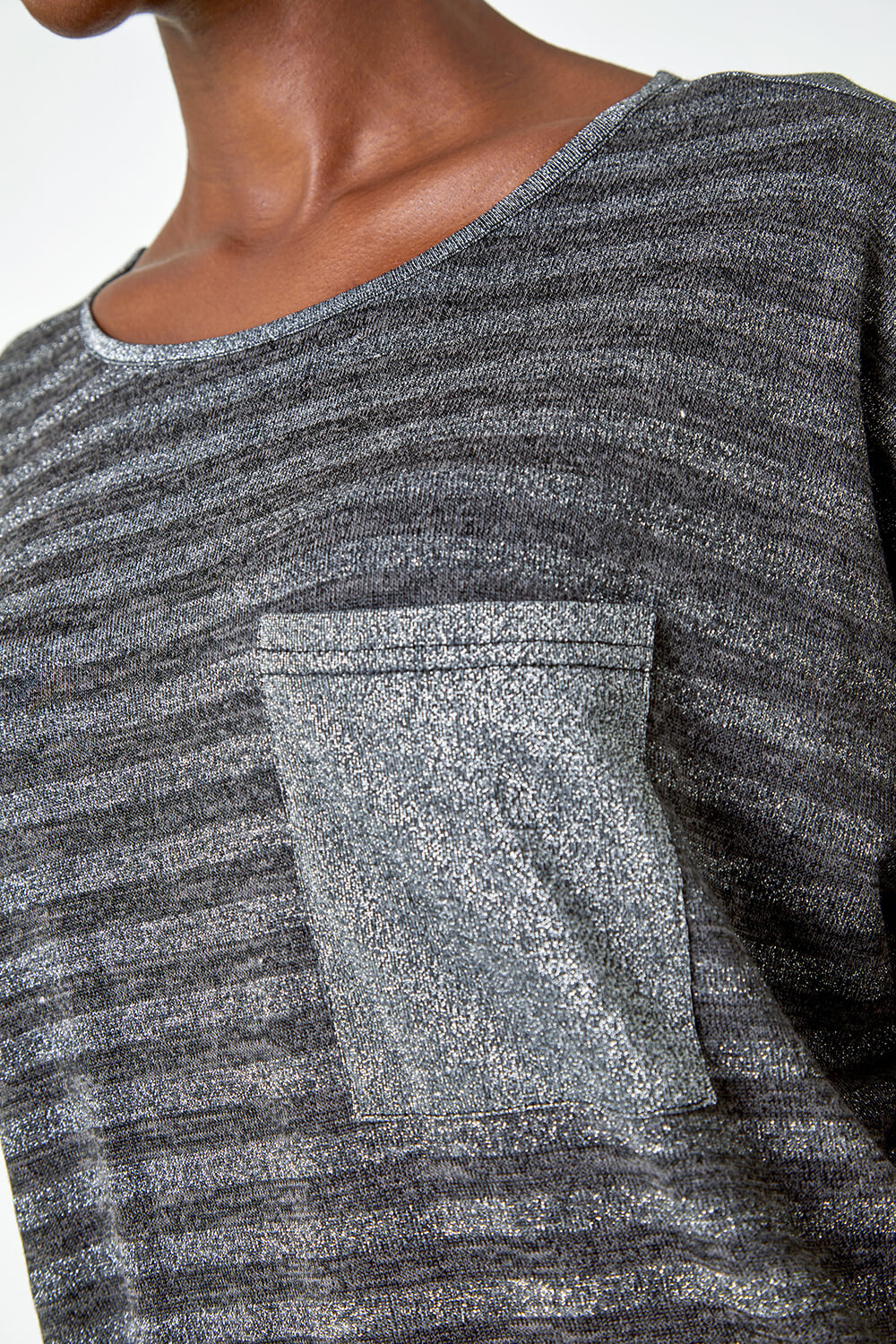 Grey Glitter Stripe Pocket Stretch Top , Image 5 of 5