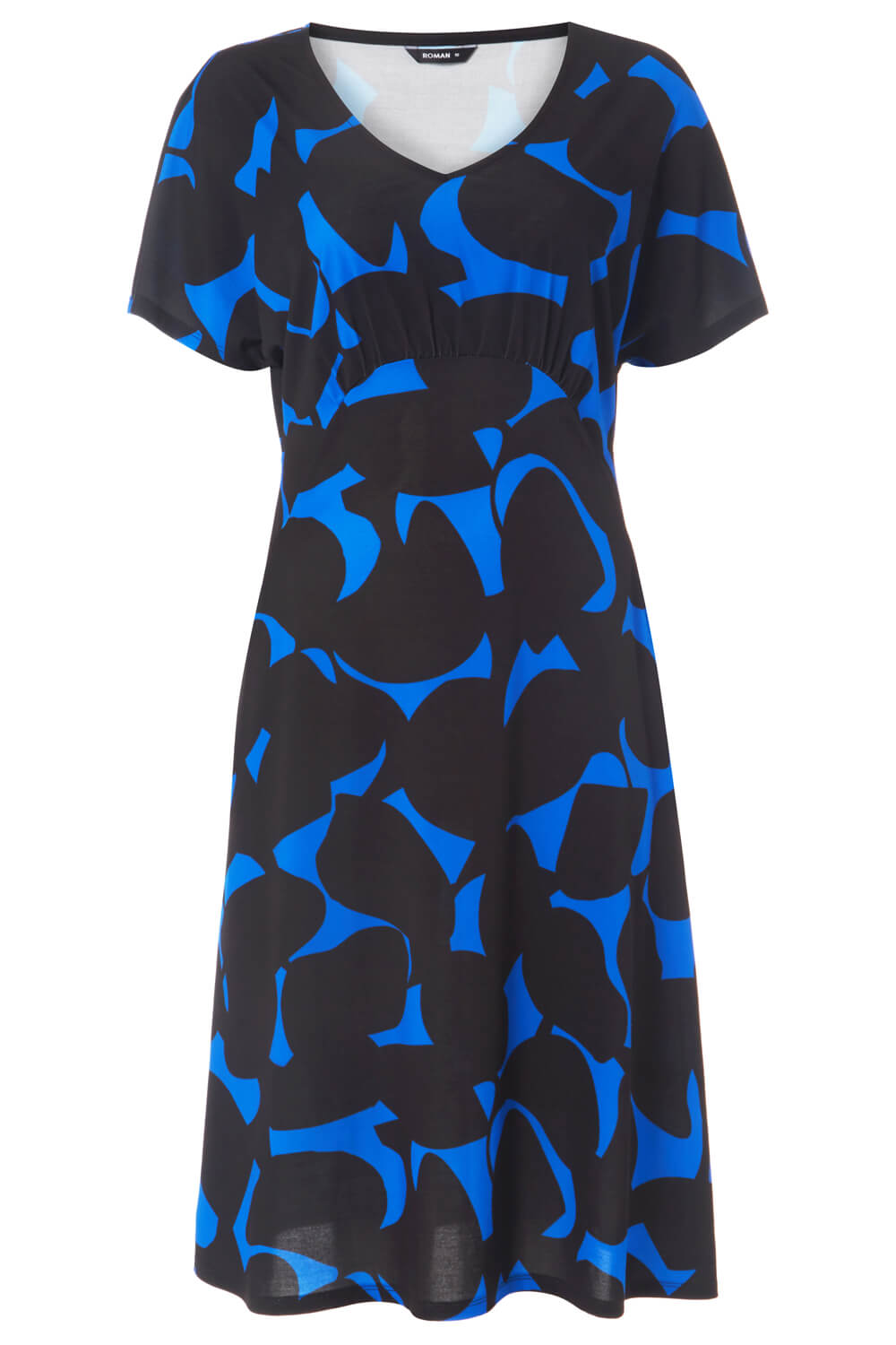 Royal Blue Abstract Leaf Print Gathered Dress, Image 5 of 5