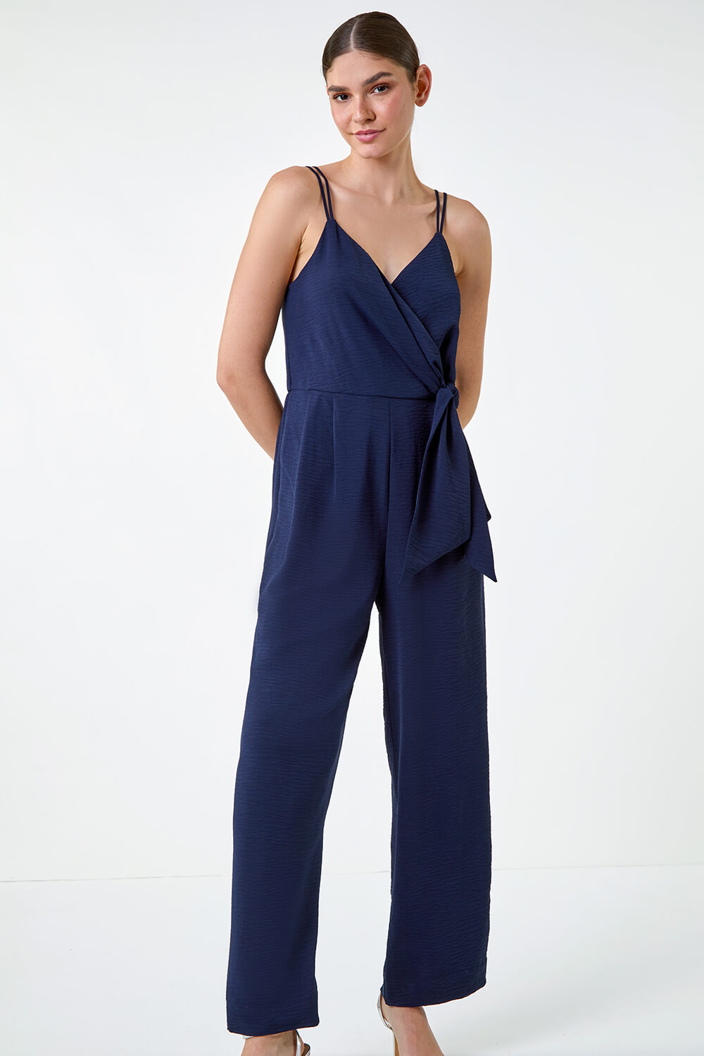 Navy Tie Waist Pocket Detail Wrap Jumpsuit | Roman UK