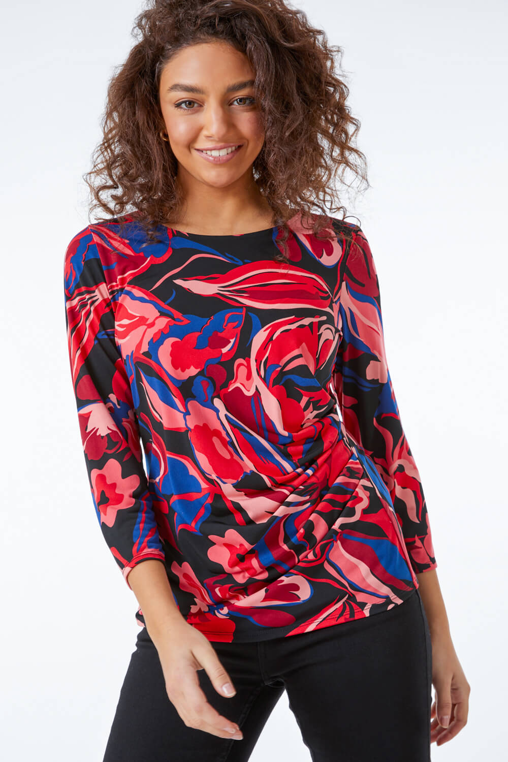 CORAL Petite Abstract Floral Ruched Top, Image 2 of 5