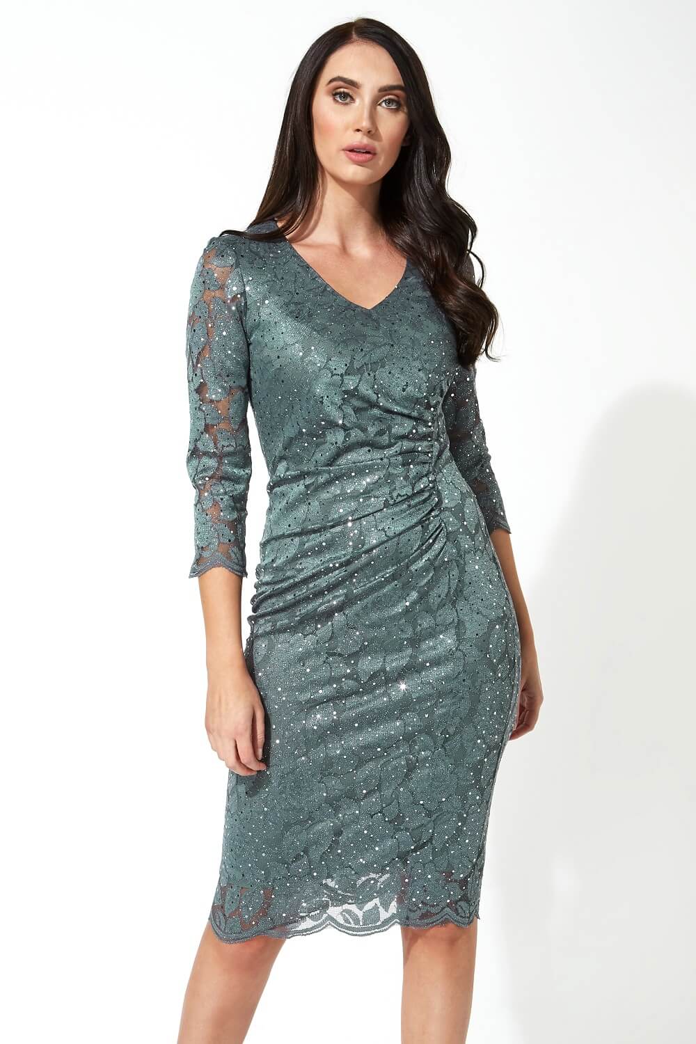 Lace Sequin Ruched Dress