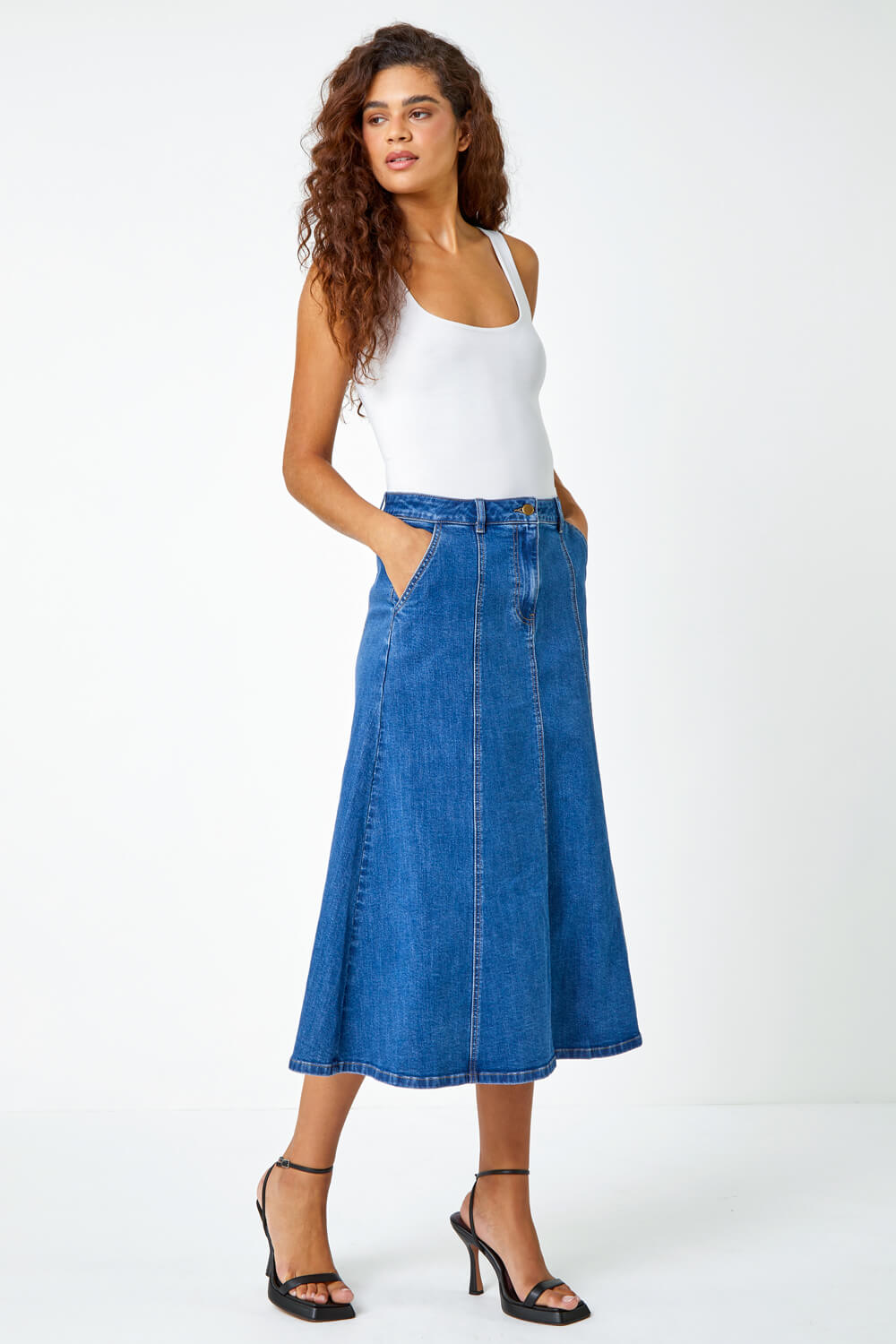 Cotton Denim Panelled Midi Skirt 