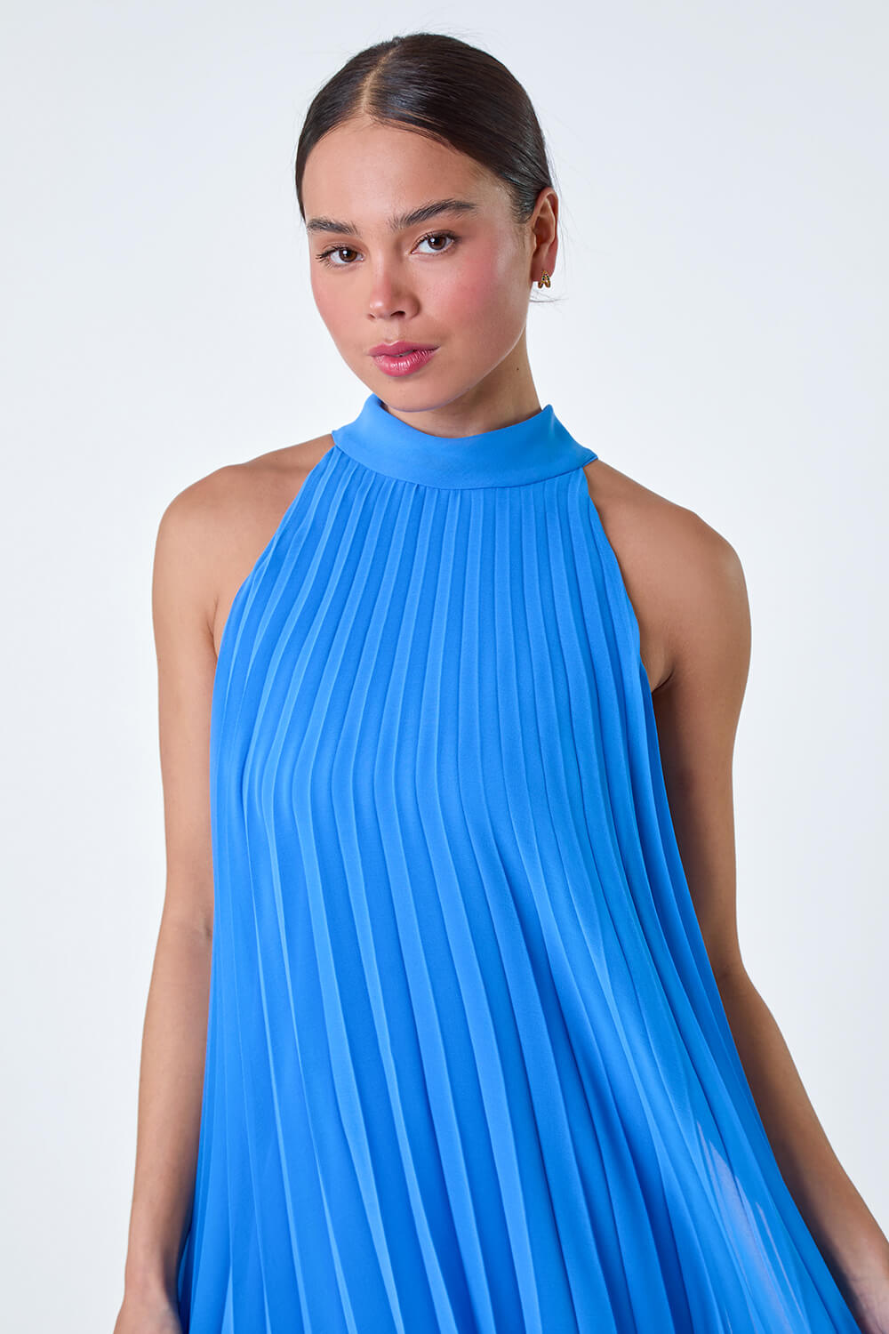 Blue Petite Halter Neck Pleated Chiffon Dress, Image 4 of 5