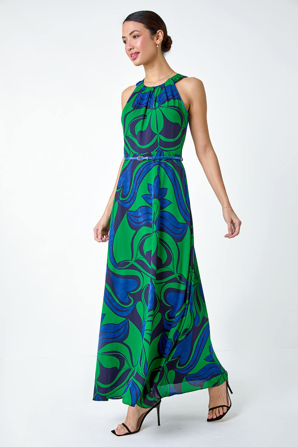 Green Abstract Print Halter Neck Maxi Dress, Image 2 of 5