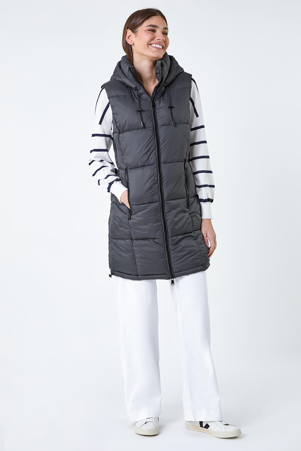 Charcoal Padded Longline Hooded Gilet, Image 4 of 6