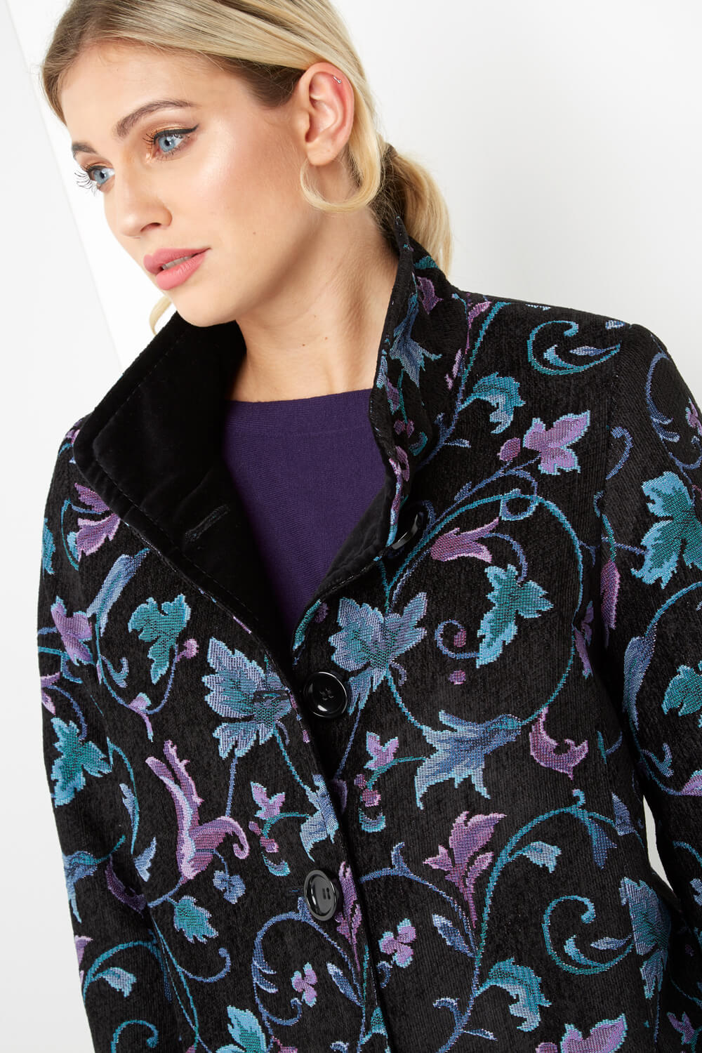 Embroidered Leaf Jacquard Coat in Purple - Roman Originals UK