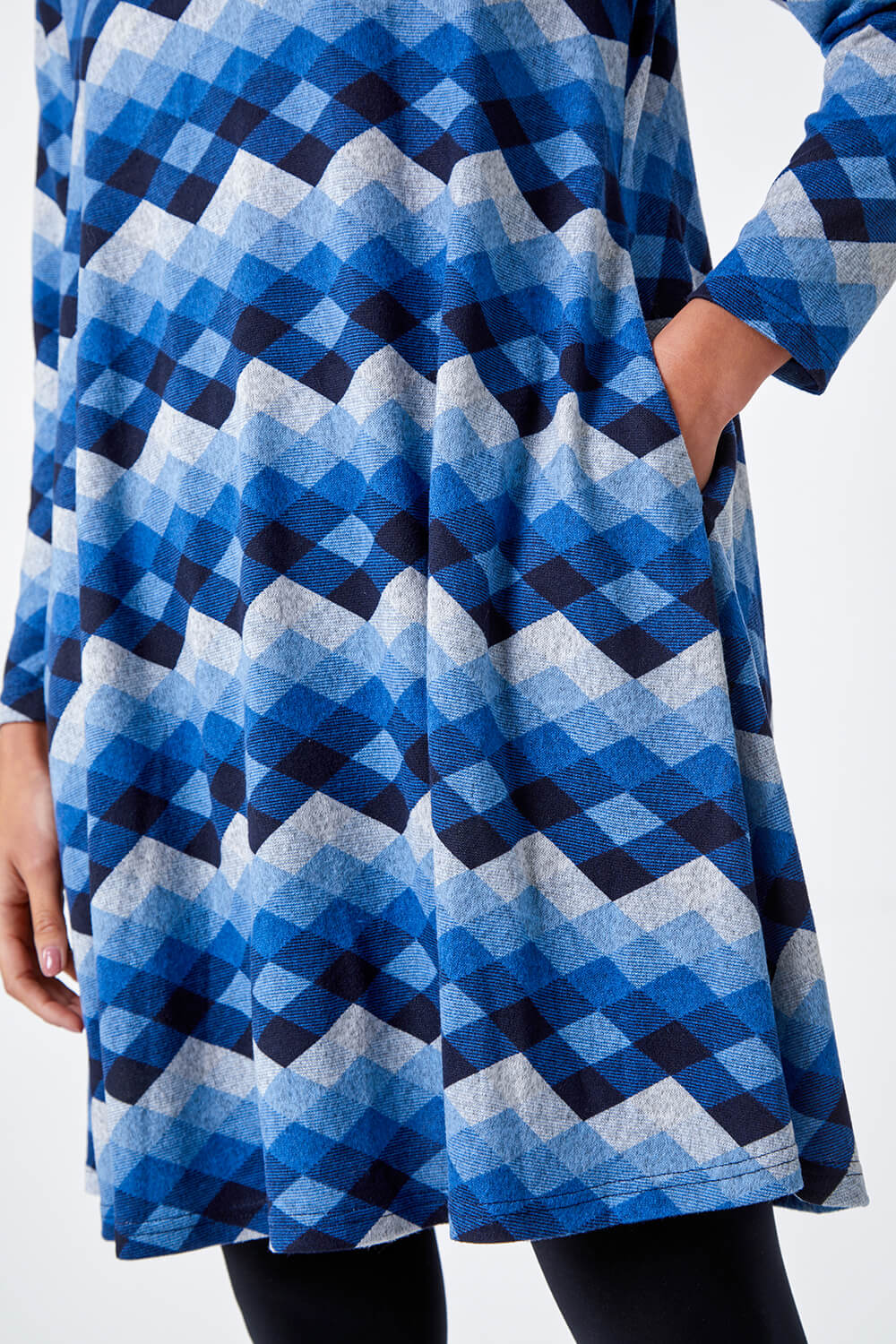 Blue Petite Check Print Swing Stretch Dress, Image 5 of 5