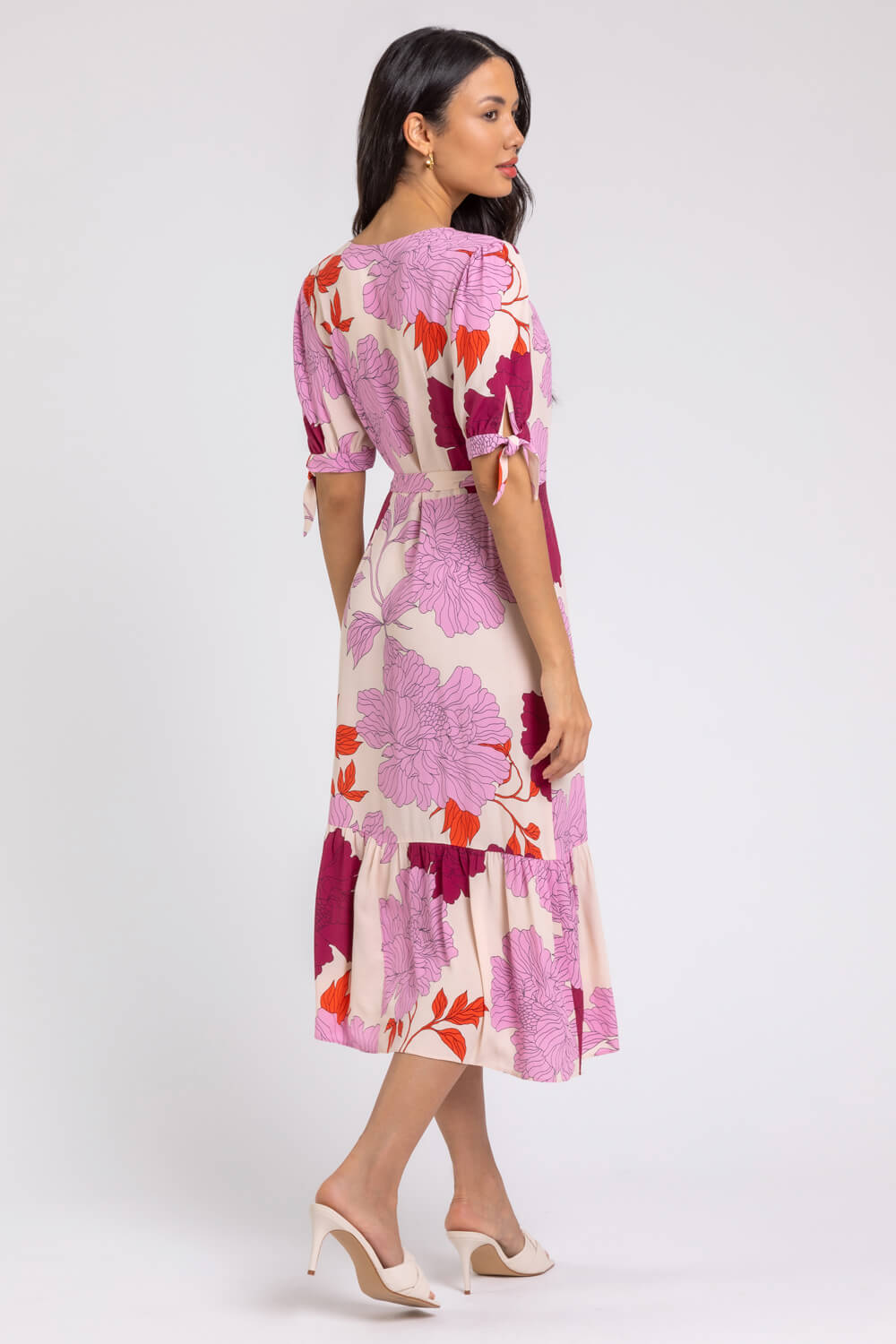 Mauve Floral Frill Hem Wrap Midi Dress, Image 3 of 6