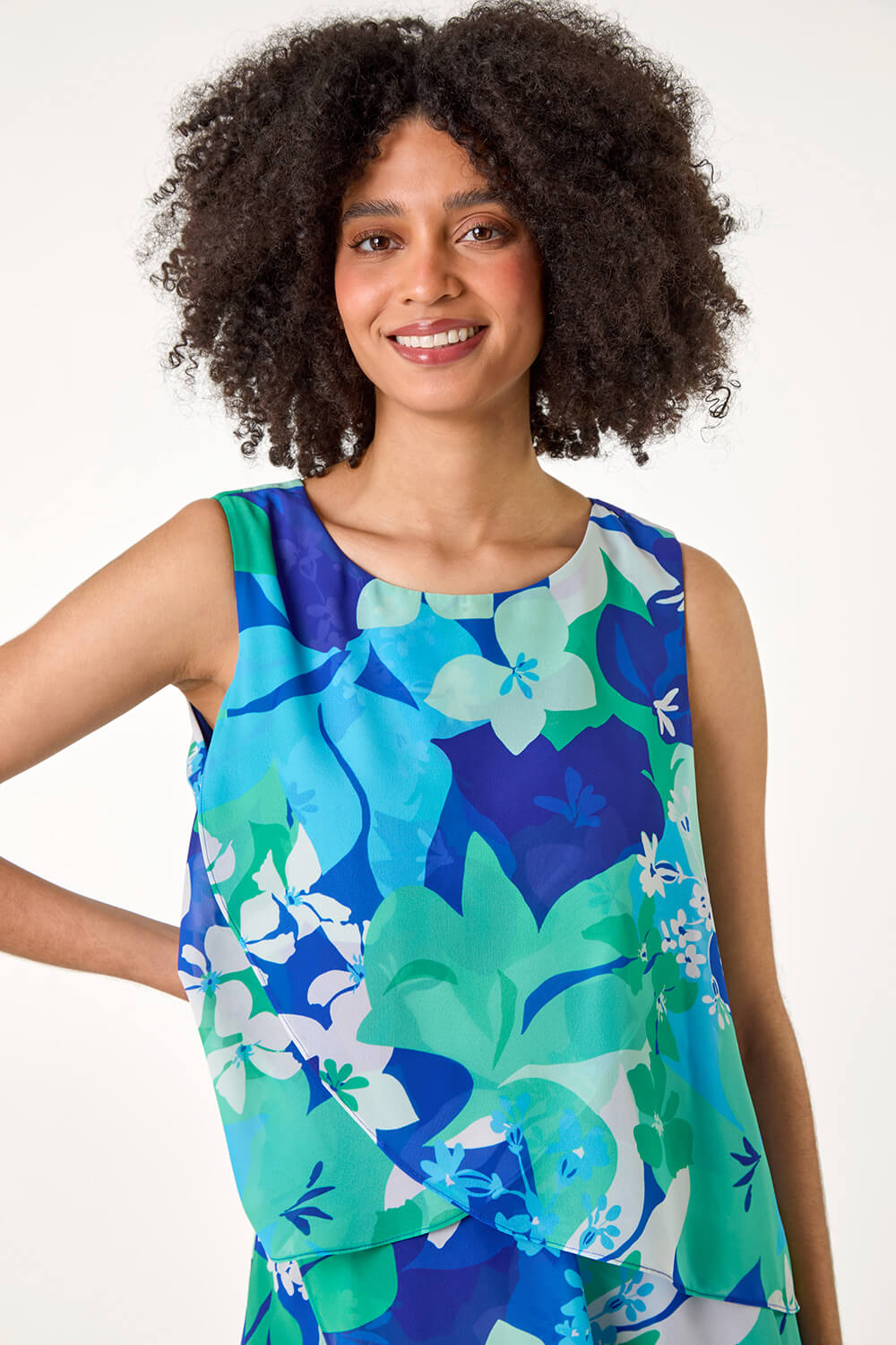 Blue Floral Print Tiered Layer Dress, Image 4 of 5