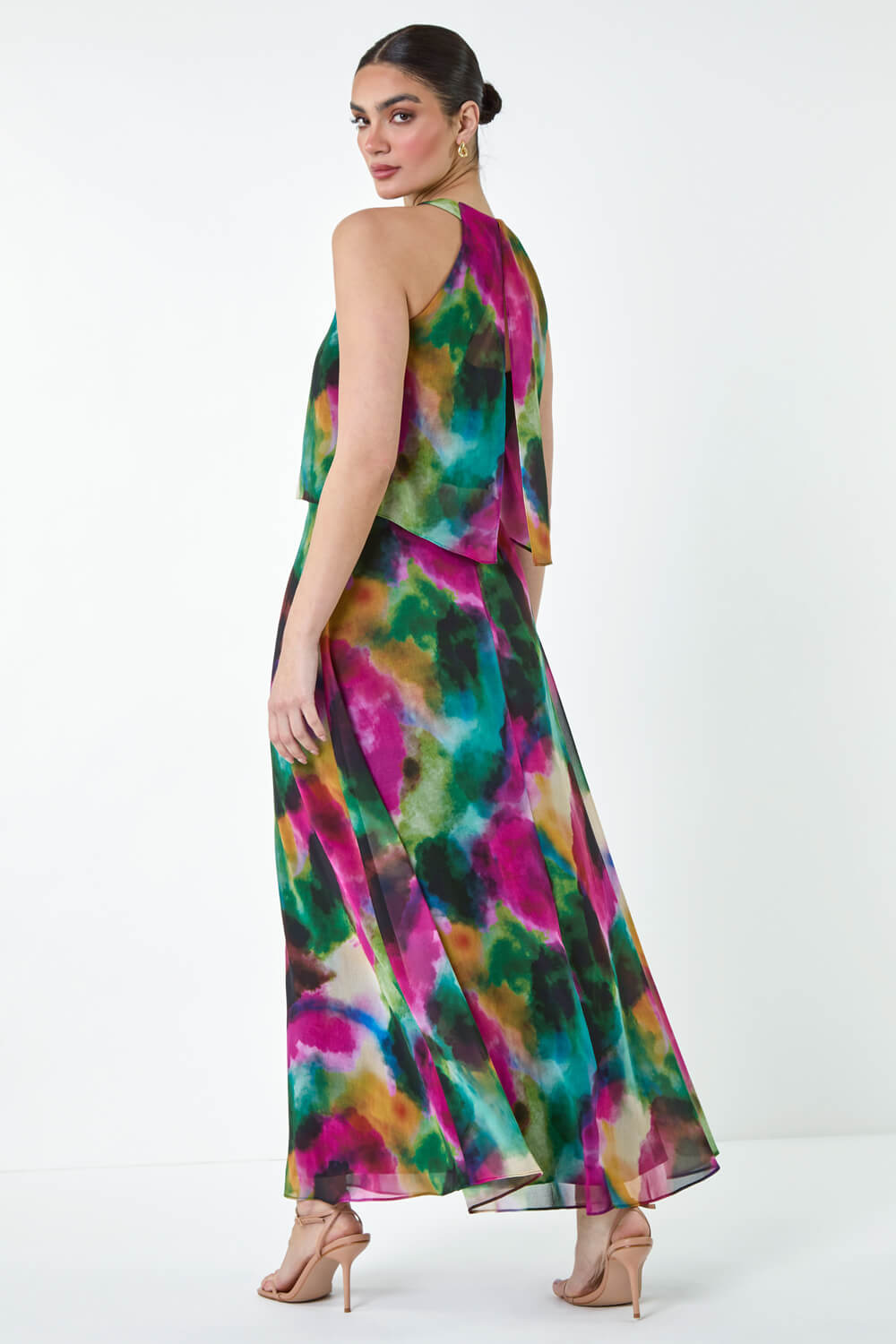 Forest  Abstract Print Chiffon Overlay Maxi Dress, Image 3 of 5