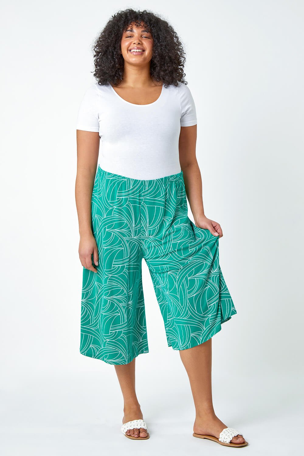 Green Curve Abstract Swirl Stretch Culottes, Image 2 of 5