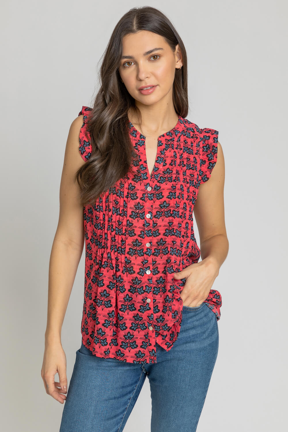 Sleeveless Frill Detail Floral Blouse