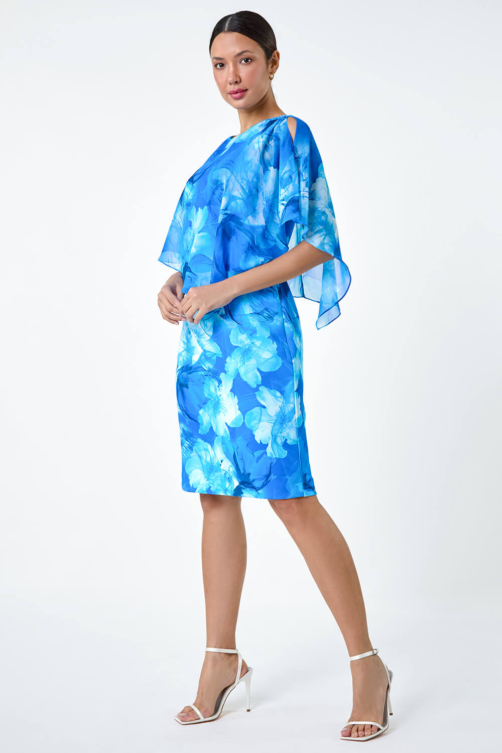 Blue Floral Chiffon Asymmetric Overlay  Dress, Image 2 of 5