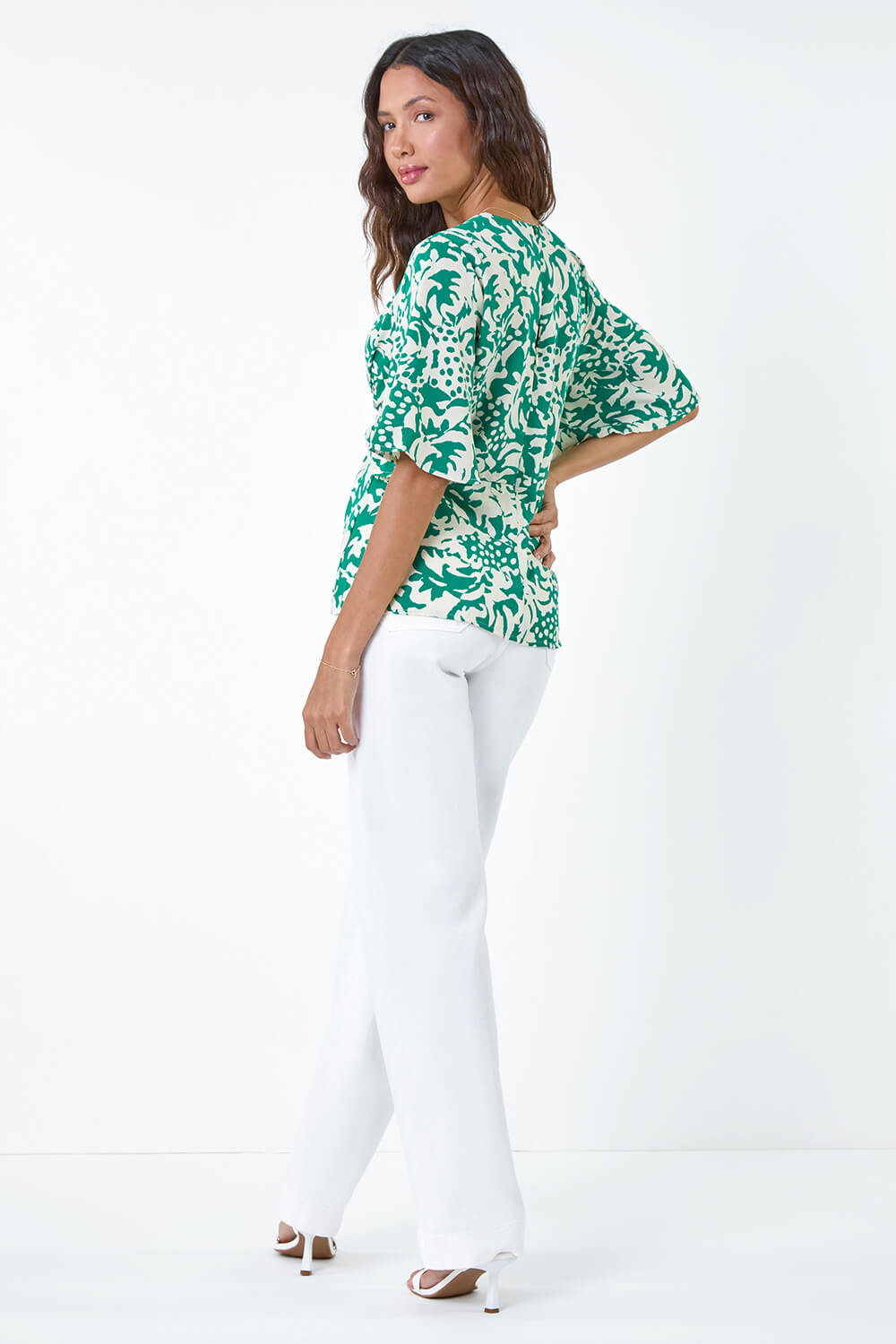 Green Floral Print Wrap Tie Top, Image 3 of 5