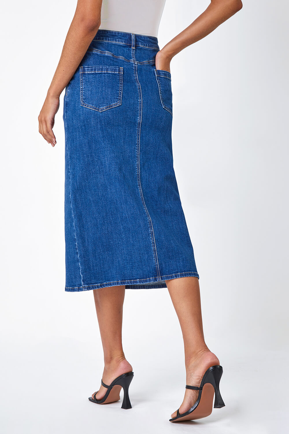 Blue Cotton Blend Denim Stretch Split Midi Skirt | Roman UK