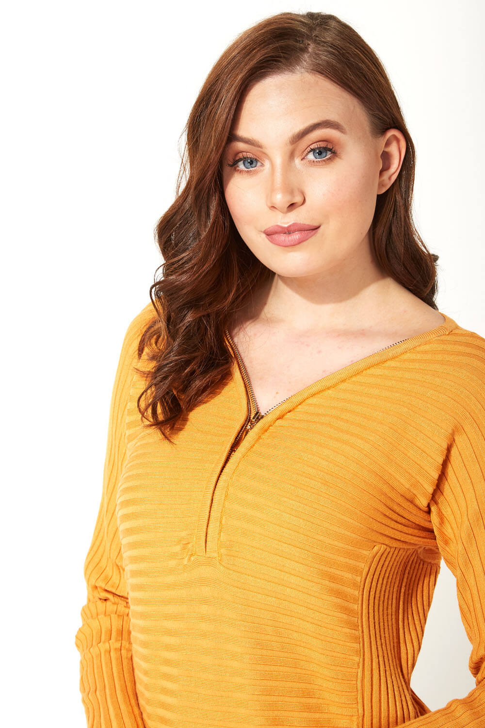 Gold Zip Front V Neck Jersey Long Sleeve Top, Image 4 of 5