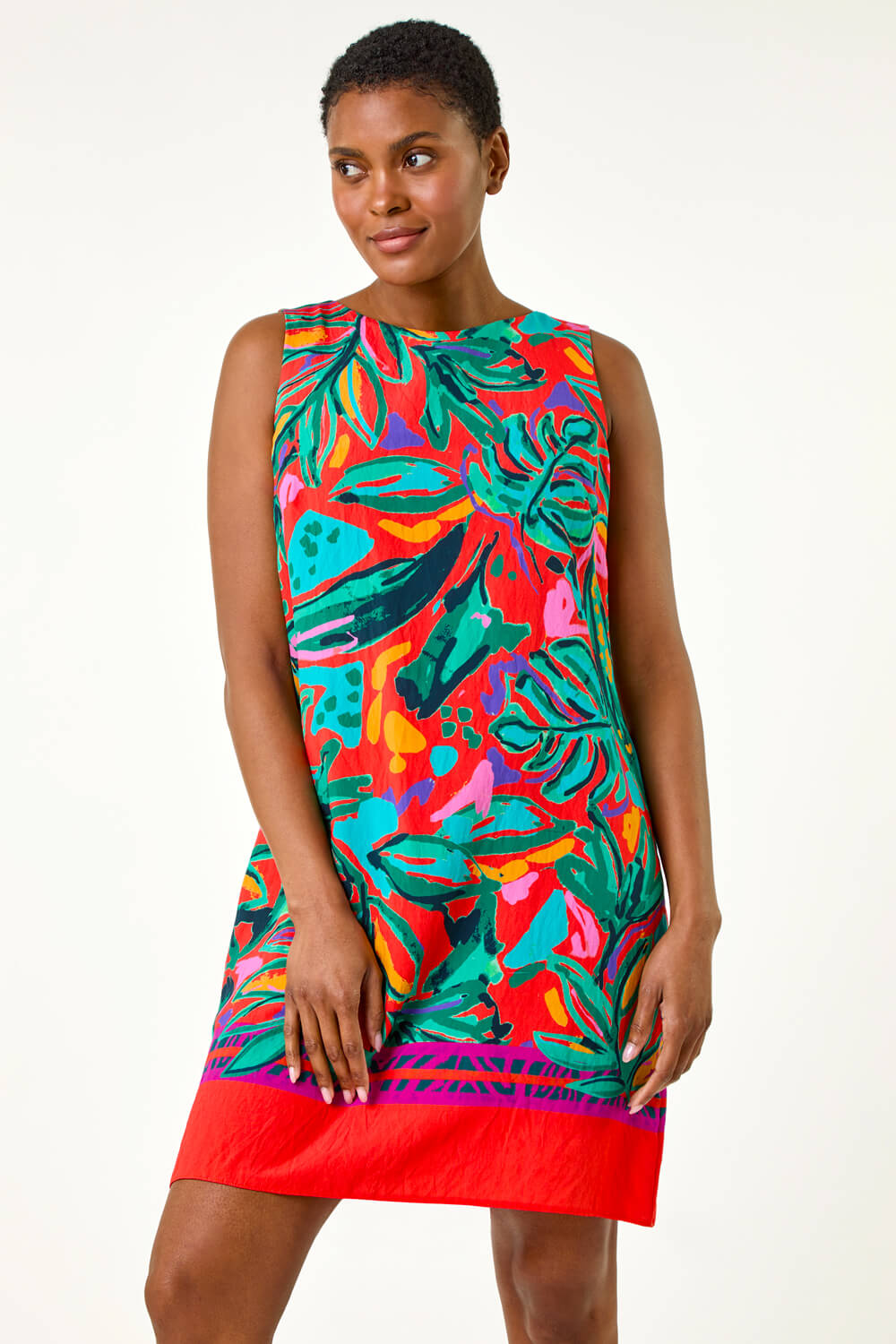 Red Tropical Border Tie Detail Shift Dress, Image 2 of 5