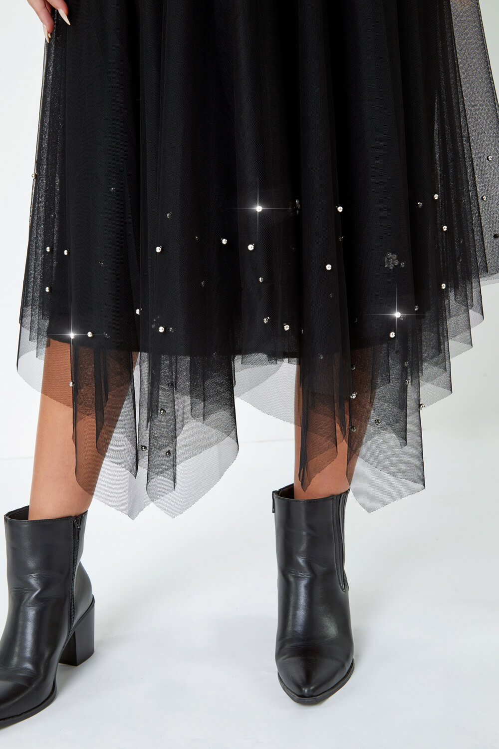 Black Petite Pearl Embellished Mesh Skirt, Image 4 of 5