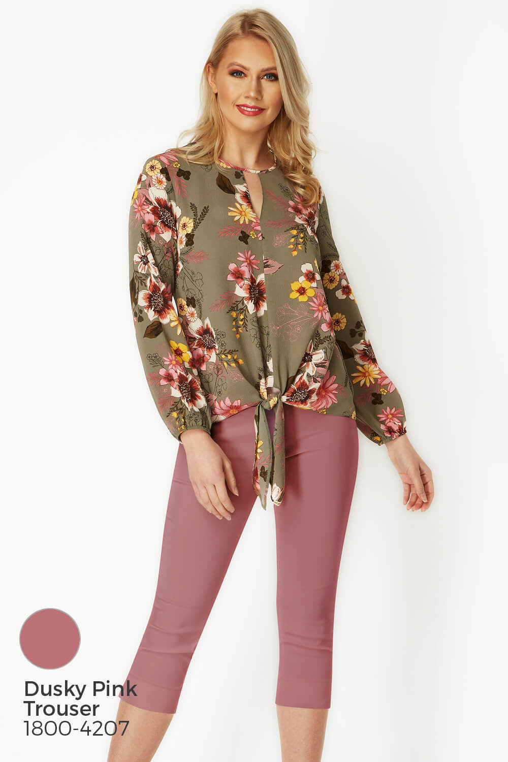 KHAKI Floral Tie Front Top, Image 8 of 8