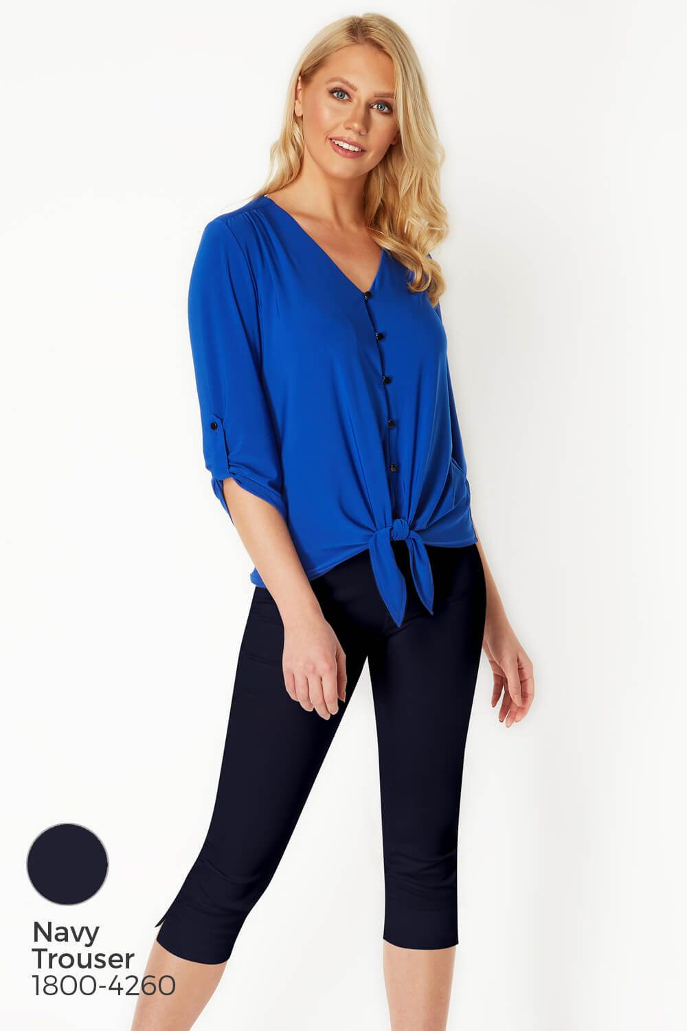 Royal Blue Tie Front Button Up Blouse, Image 7 of 8