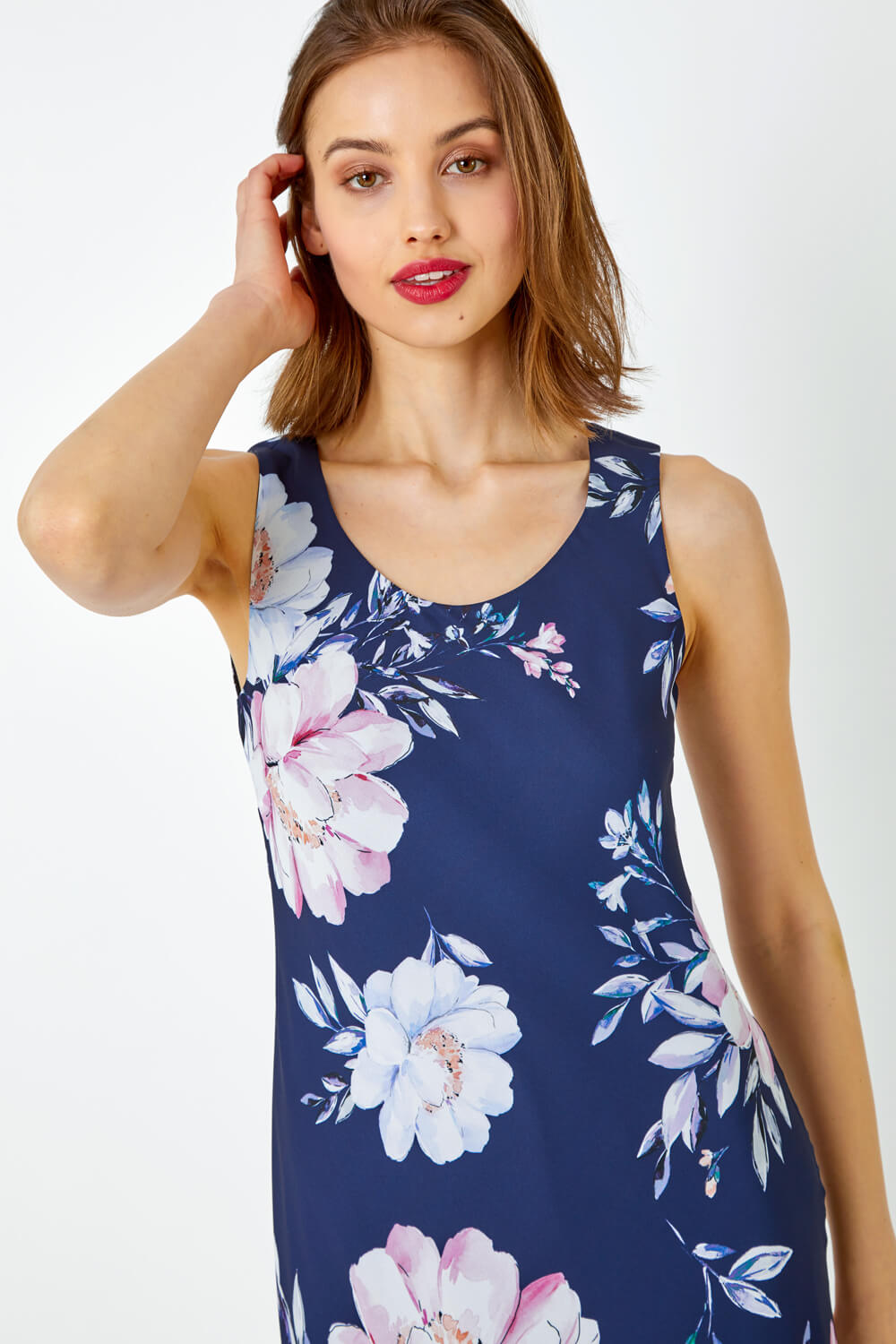 Navy  Sleeveless Floral Print Bias Midi Dress, Image 1 of 5