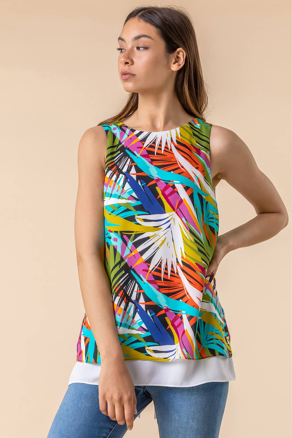 Multi  Tropical Leaf Print Layered Top, Image 3 of 5