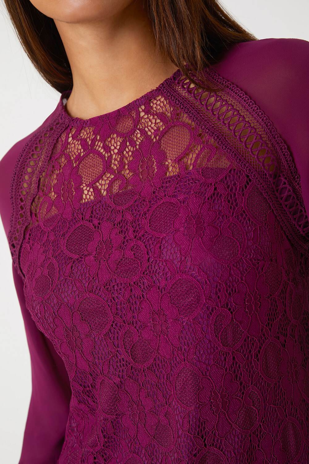 Purple Lace Detail Chiffon Sleeve Stretch Top, Image 5 of 5