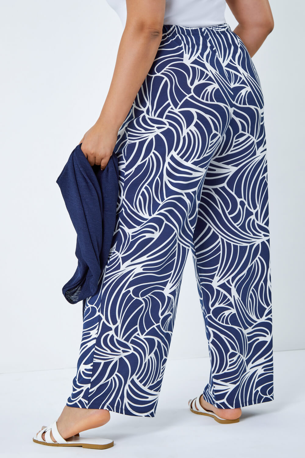 Navy  Curve Linear Print Palazzo Trousers , Image 2 of 5