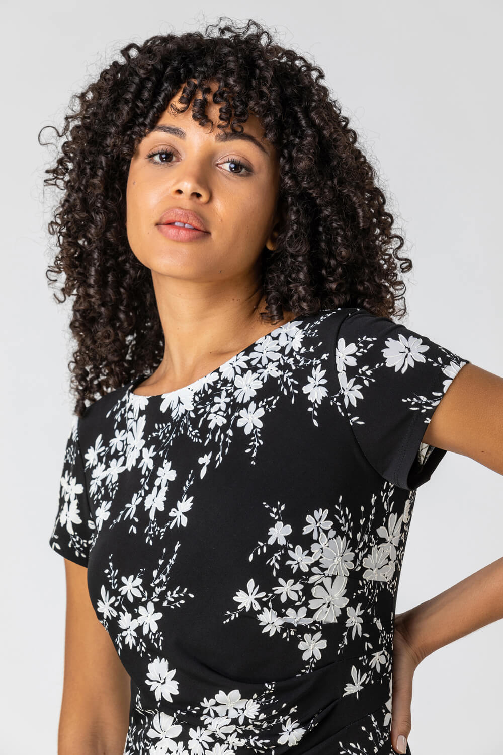 Black Floral Puff Print Side Ruched Dress, Image 4 of 4