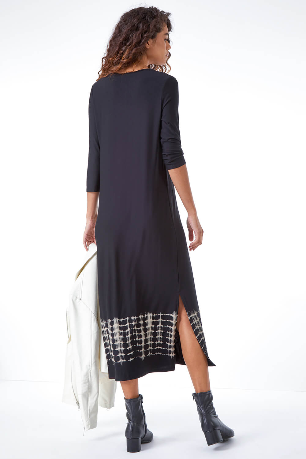 Black Tie Dye Border Print Midi Dress, Image 3 of 5