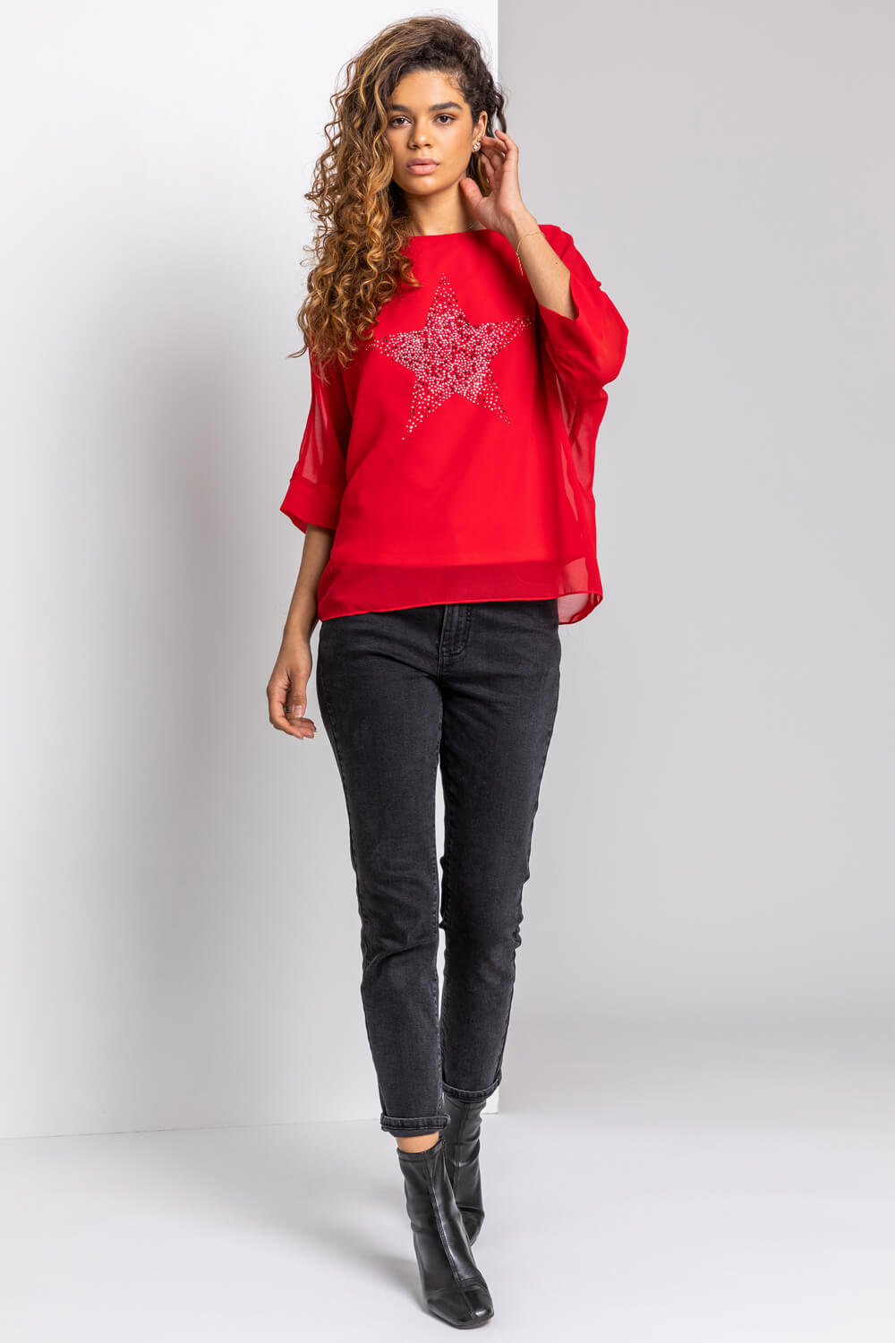 Red Star Embellished Chiffon Top, Image 4 of 5