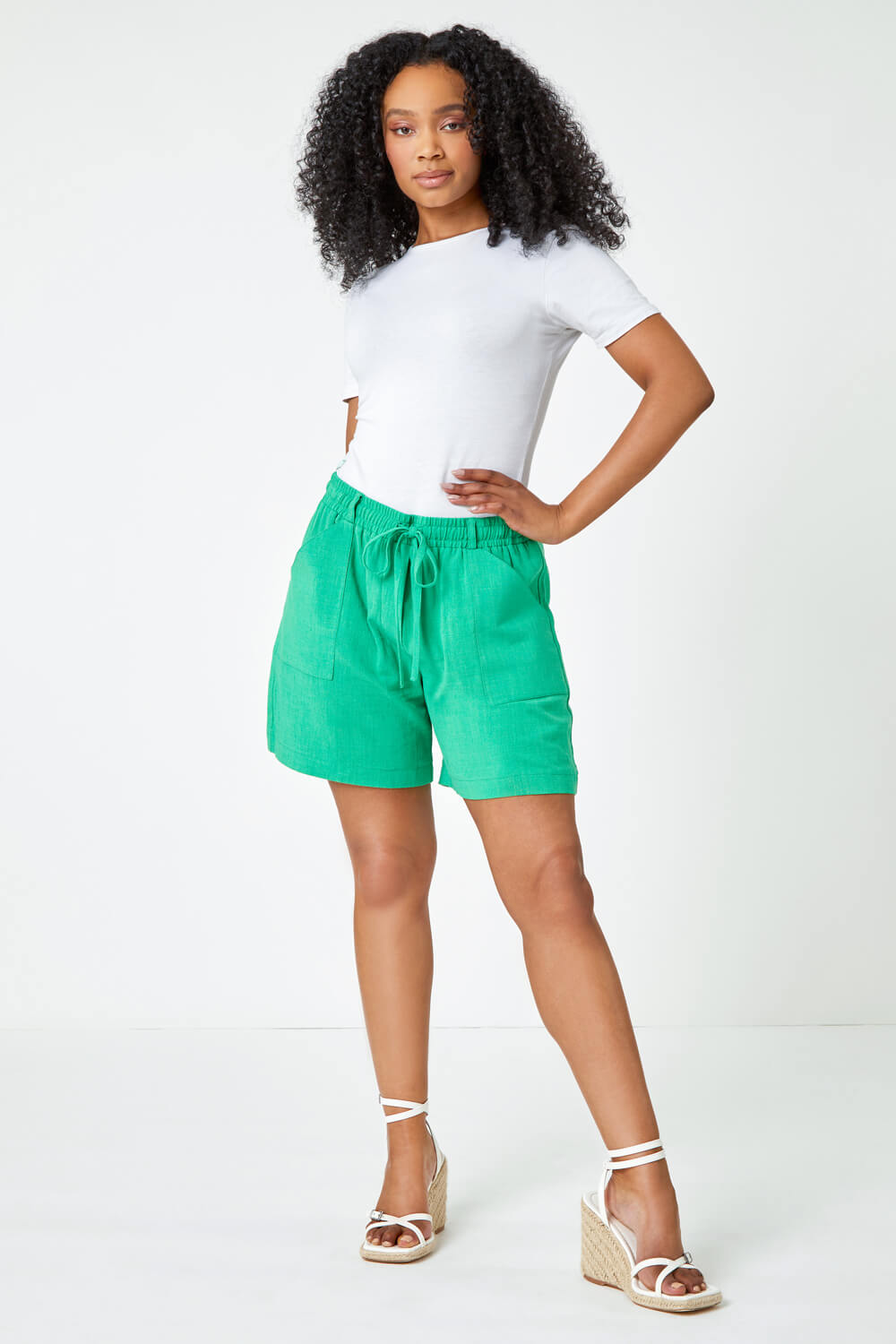Green Petite Linen Blend Drawstring Shorts, Image 2 of 5