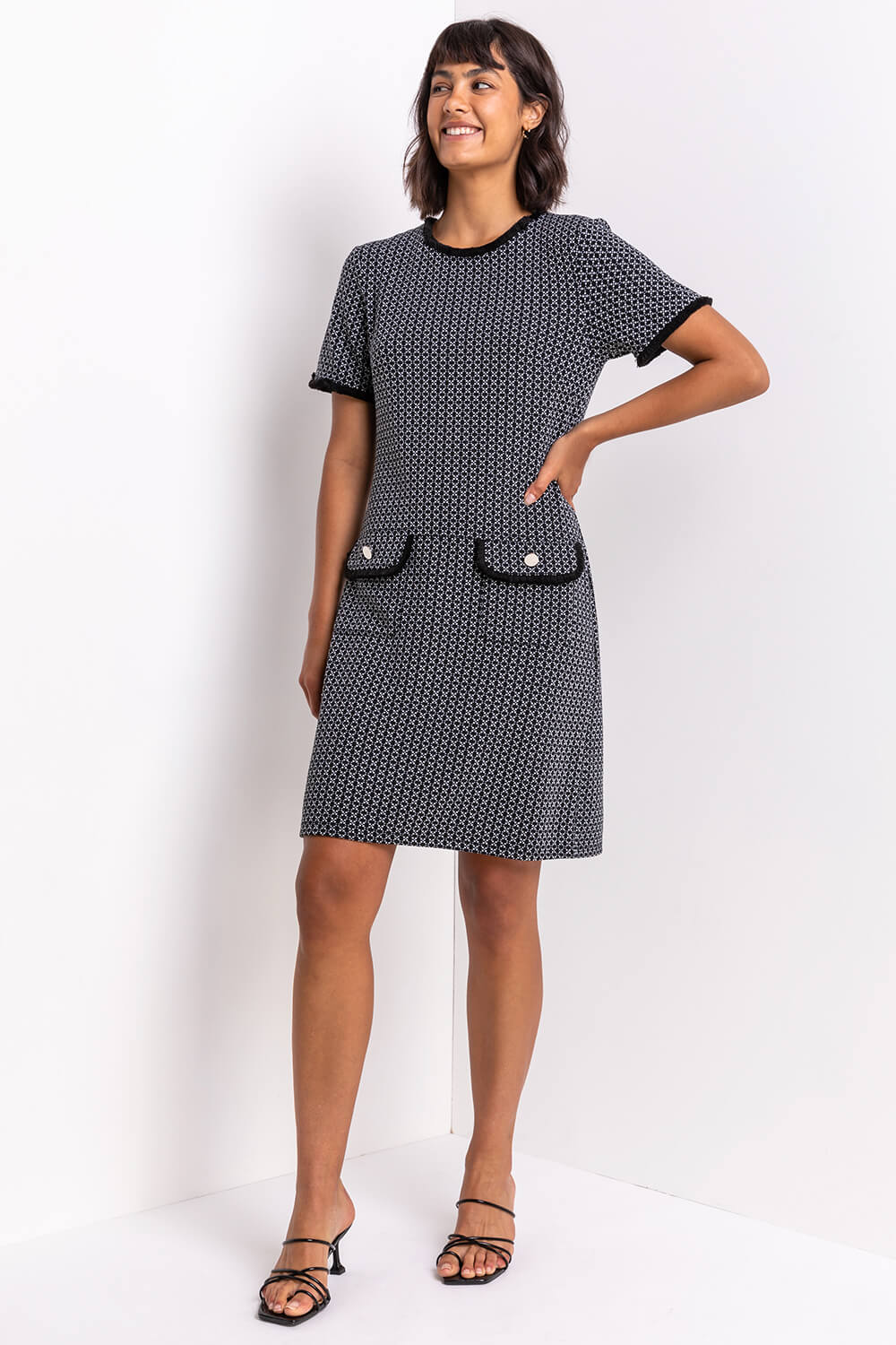 Black Textured Pocket Shift Dress, Image 4 of 5