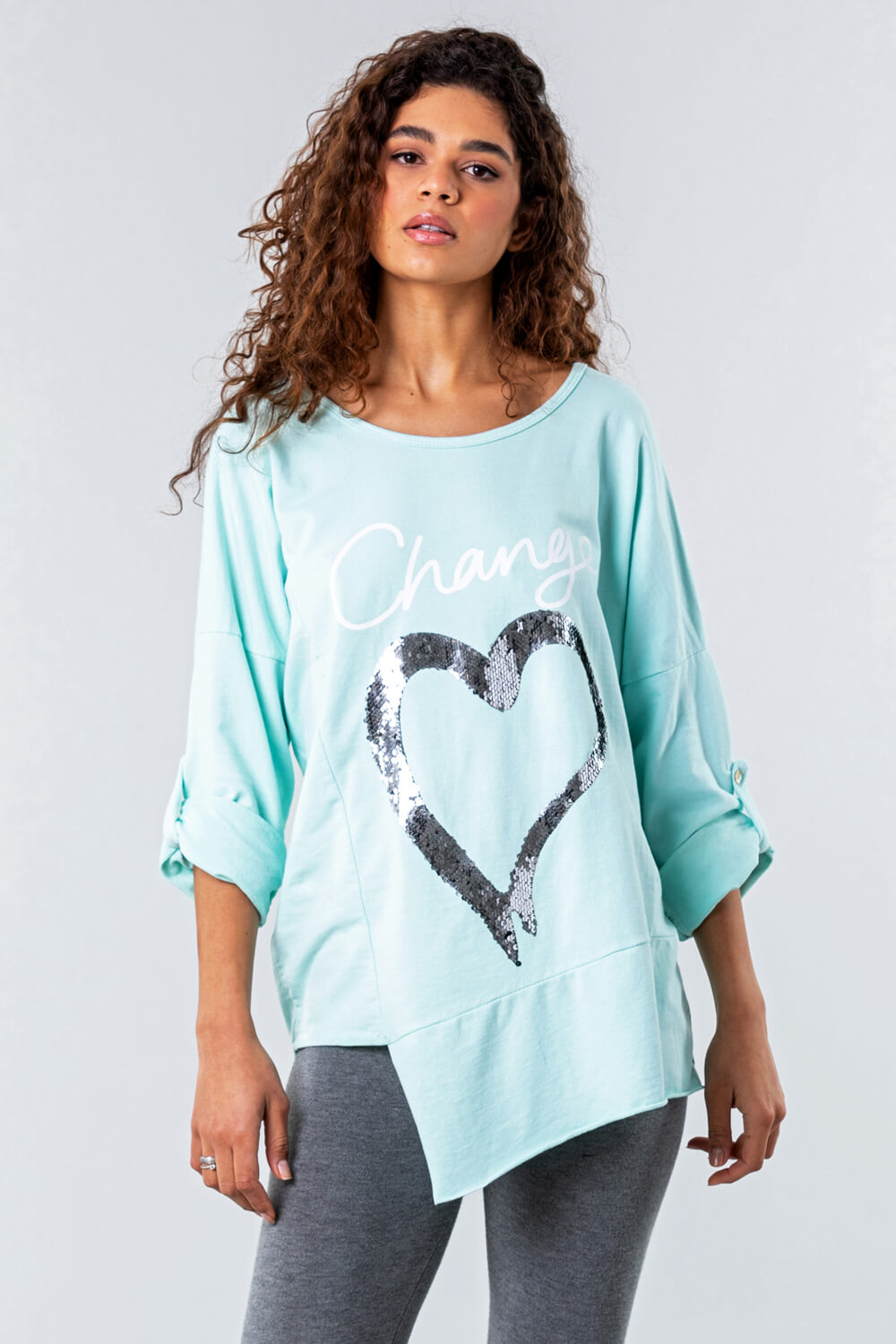 Mint Sequin Heart Asymmetric Lounge Top, Image 4 of 4