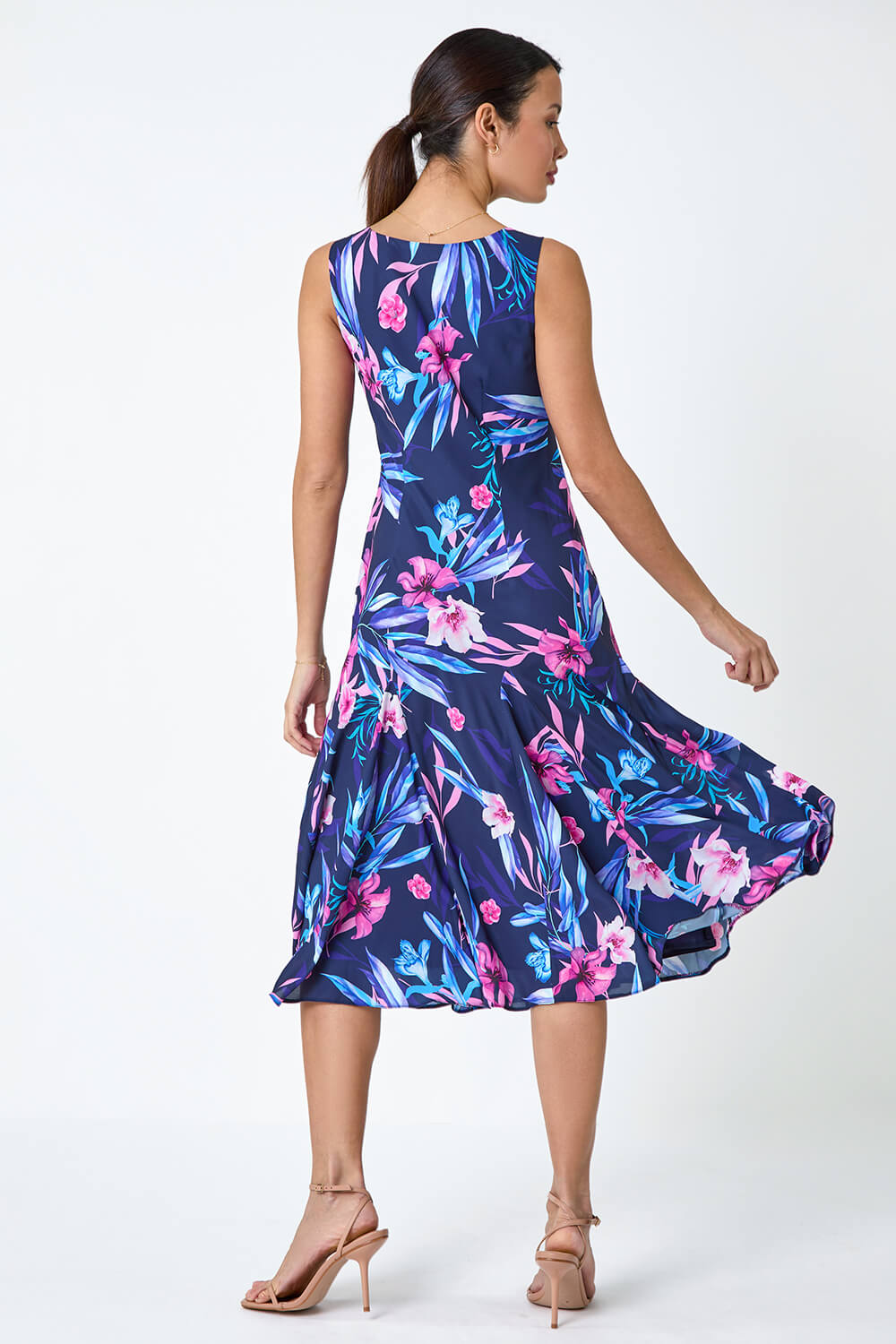 Navy  Sleeveless Tropical Print Bias Midi Dress, Image 3 of 5