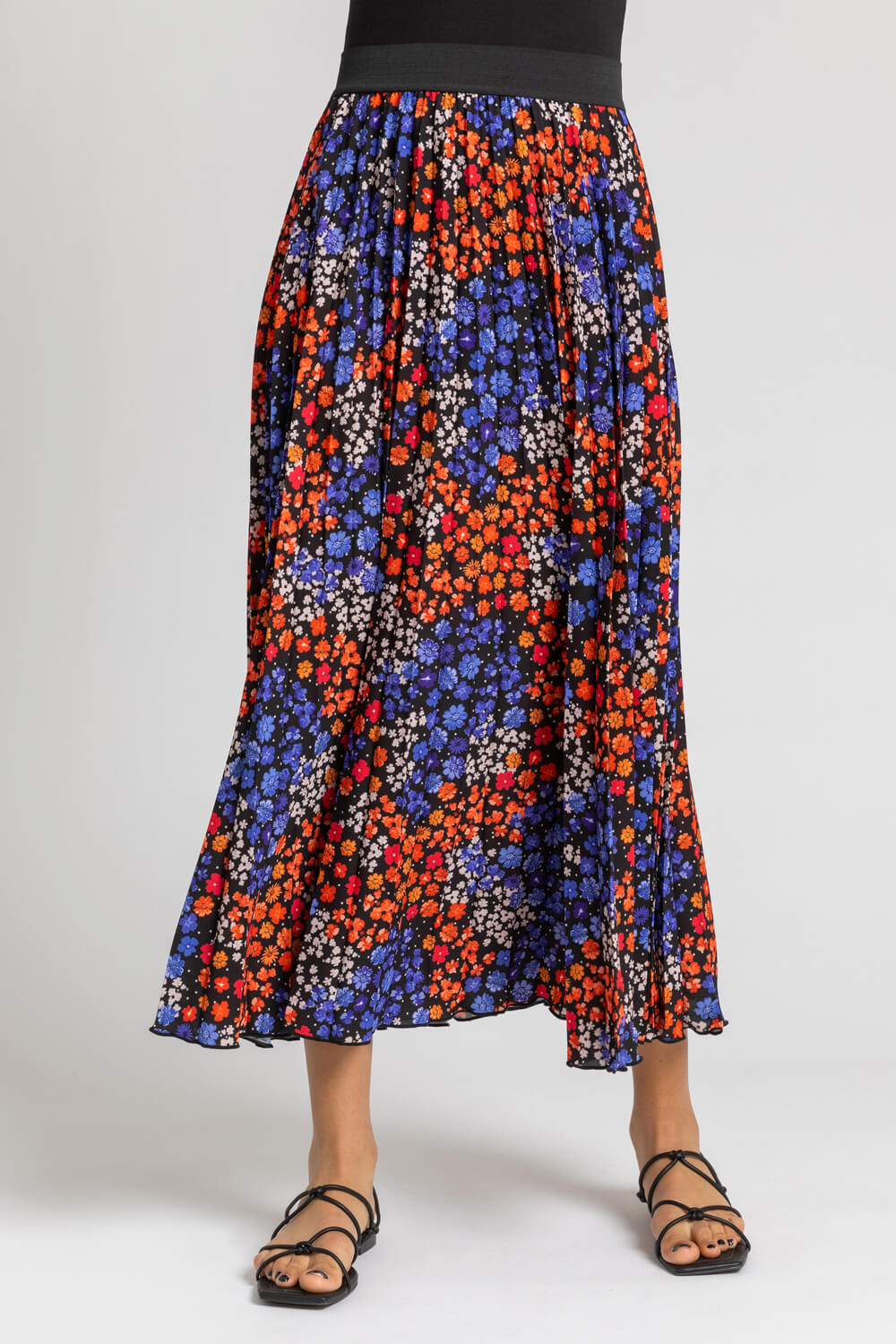 ORANGE Floral Spot Print Pleated Maxi Skirt, Image 3 of 4