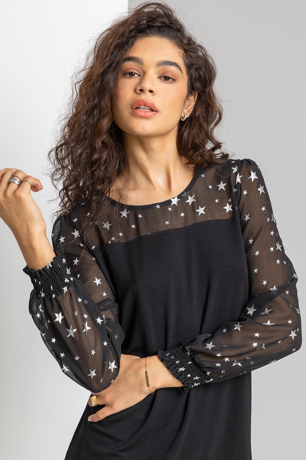 Silver Foil Star Print Contrast Top, Image 4 of 4