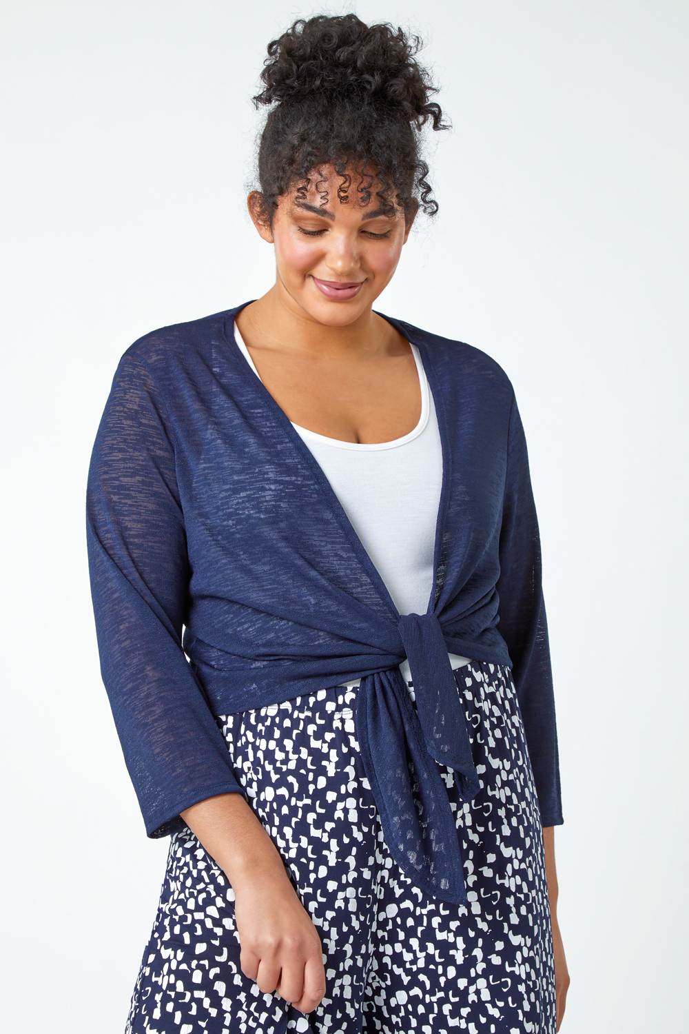 Navy  Curve Tie Front Stretch Cropped Cardigan, Image 2 of 5
