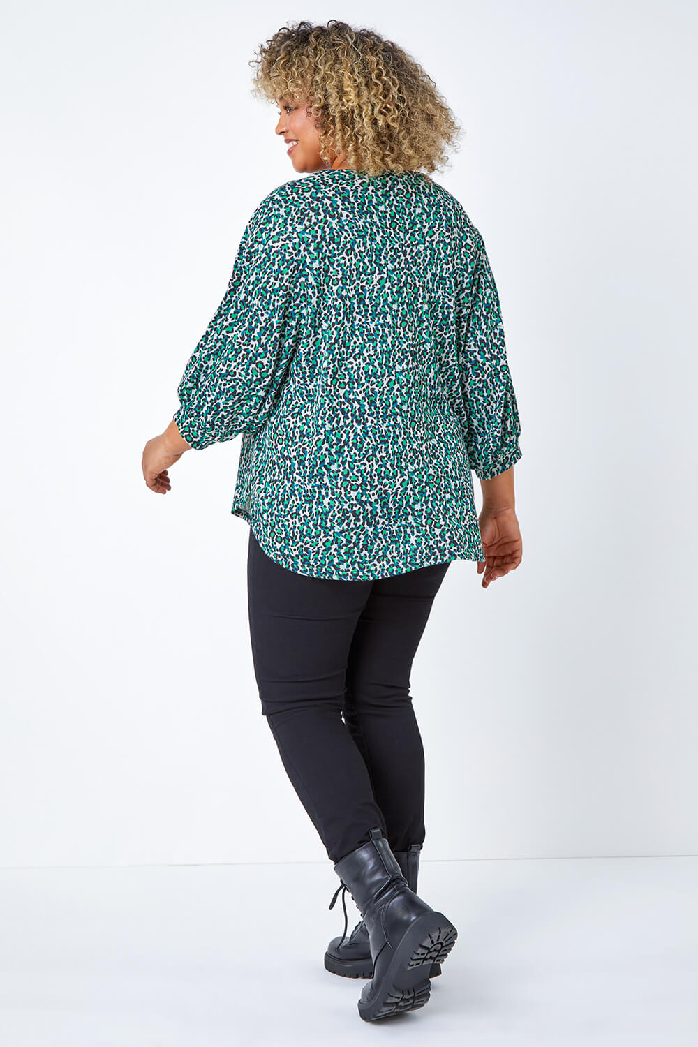 Green Curve Animal Print Stretch Top, Image 3 of 7