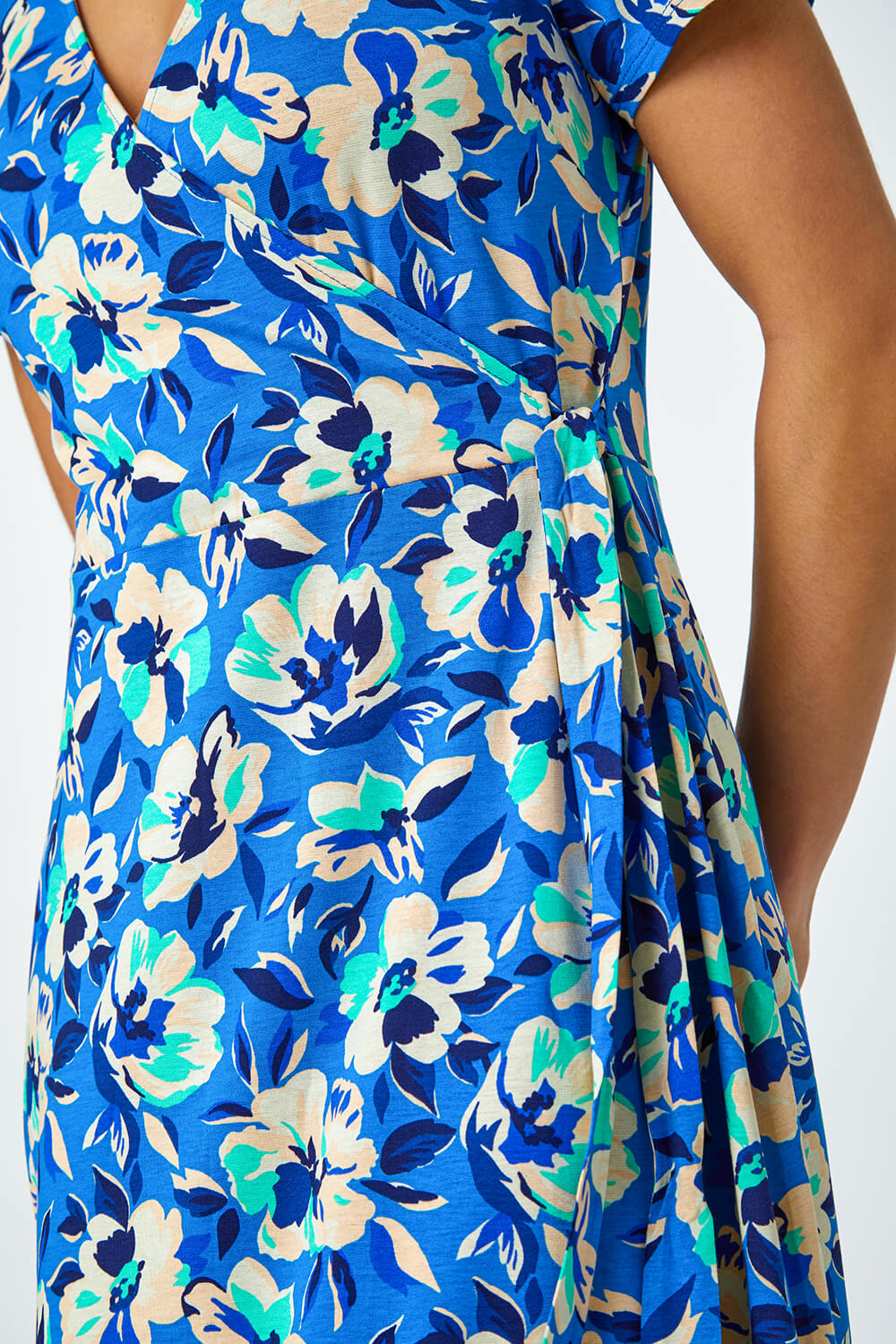Turquoise Petite Floral Stretch Wrap Dress, Image 5 of 5