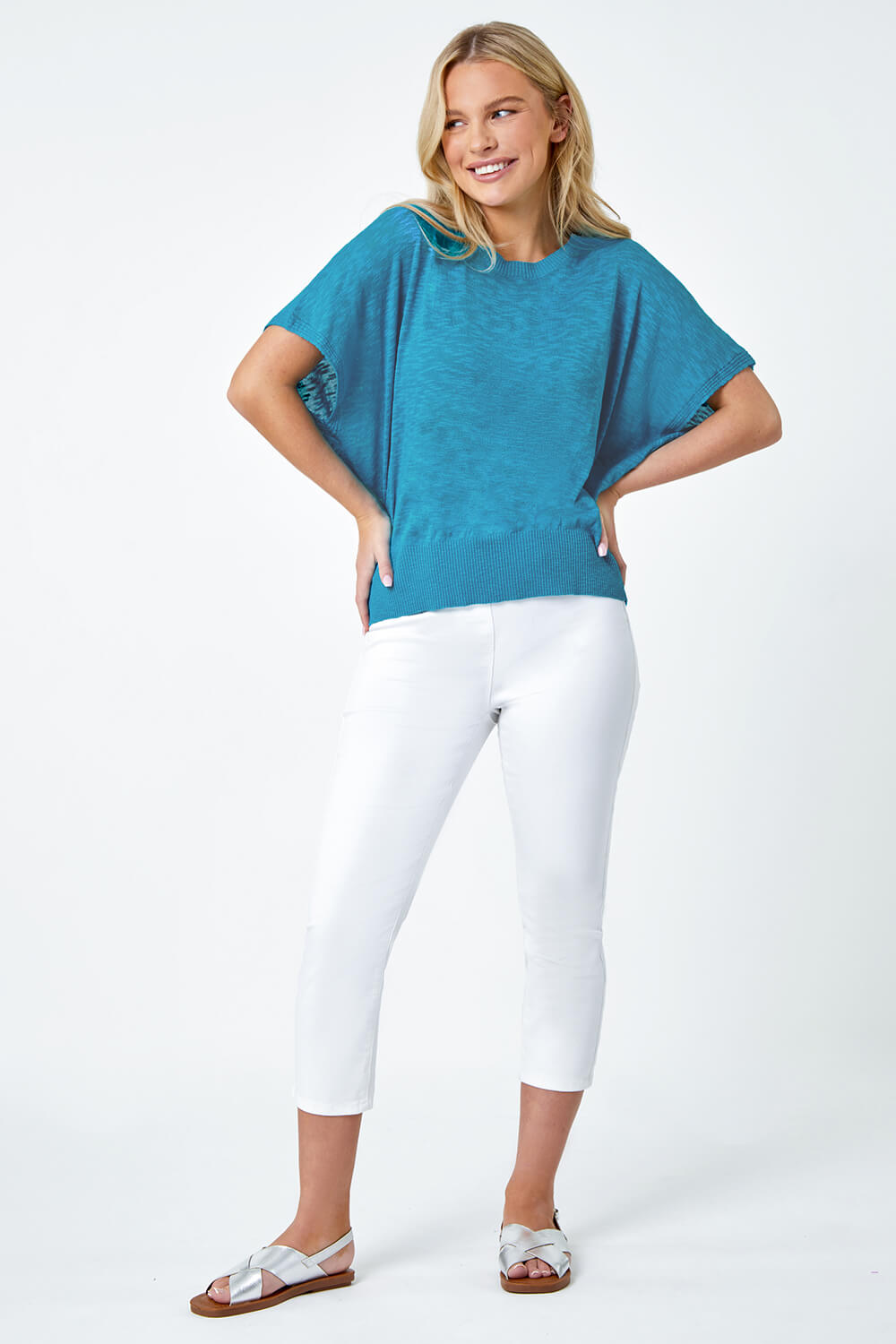 Turquoise Petite Cotton Blend Textured Knit Top, Image 2 of 5