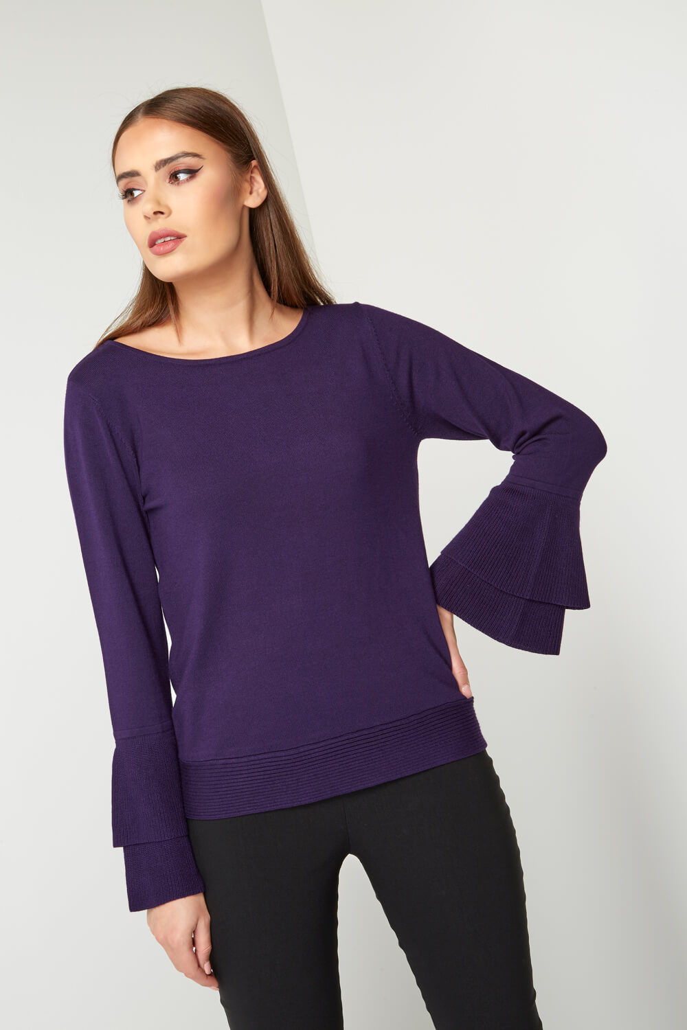 Fluted Frill Sleeve Jumper in Purple Roman Originals UK