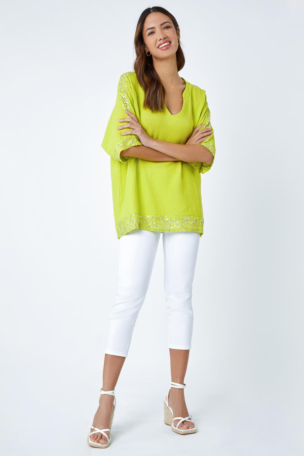 Lime Cotton Sequin Lace Trim Tunic Top, Image 2 of 5