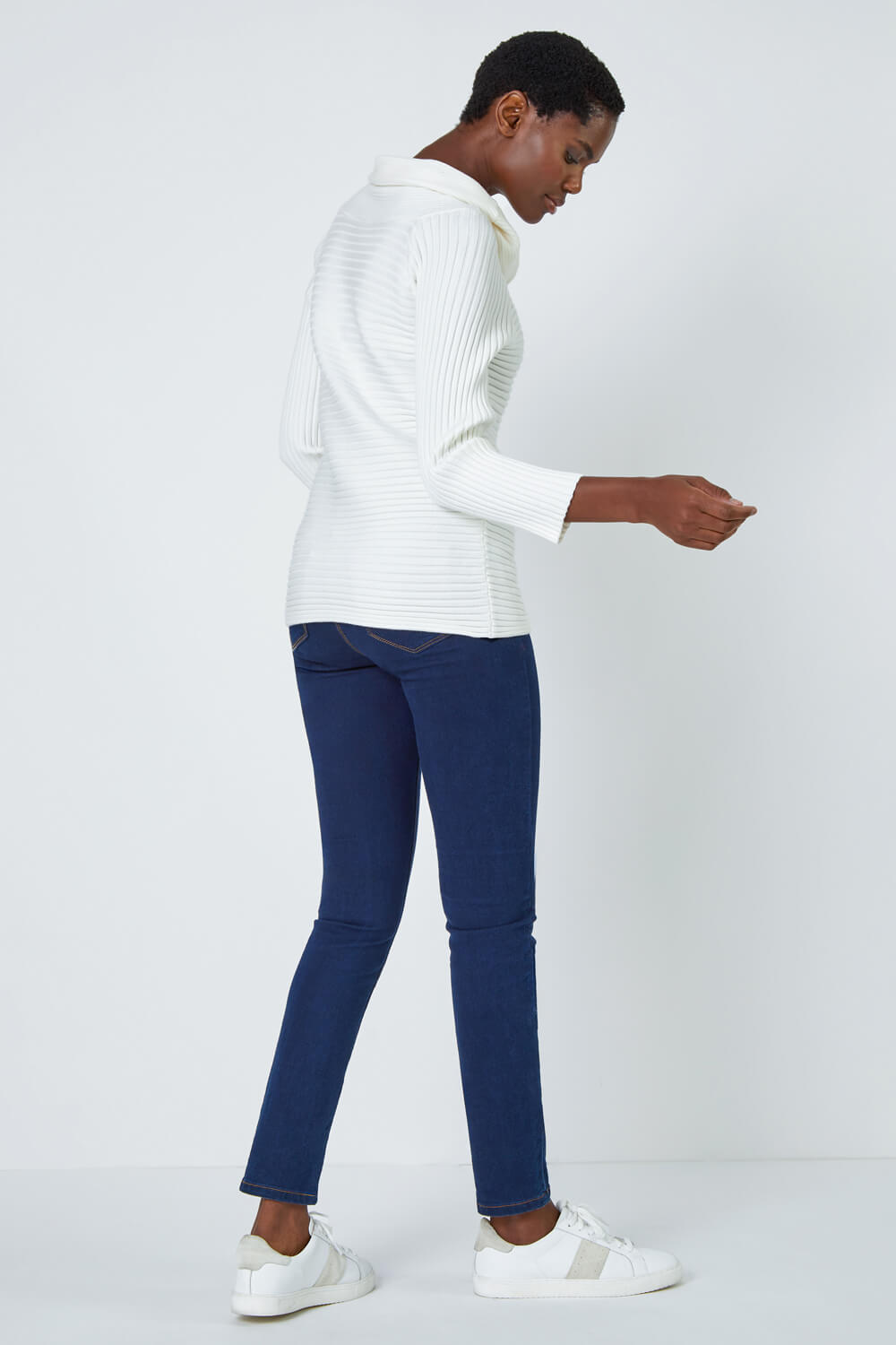 Ivory  Ribbed Cowl Neck Stretch Jumper, Image 3 of 5