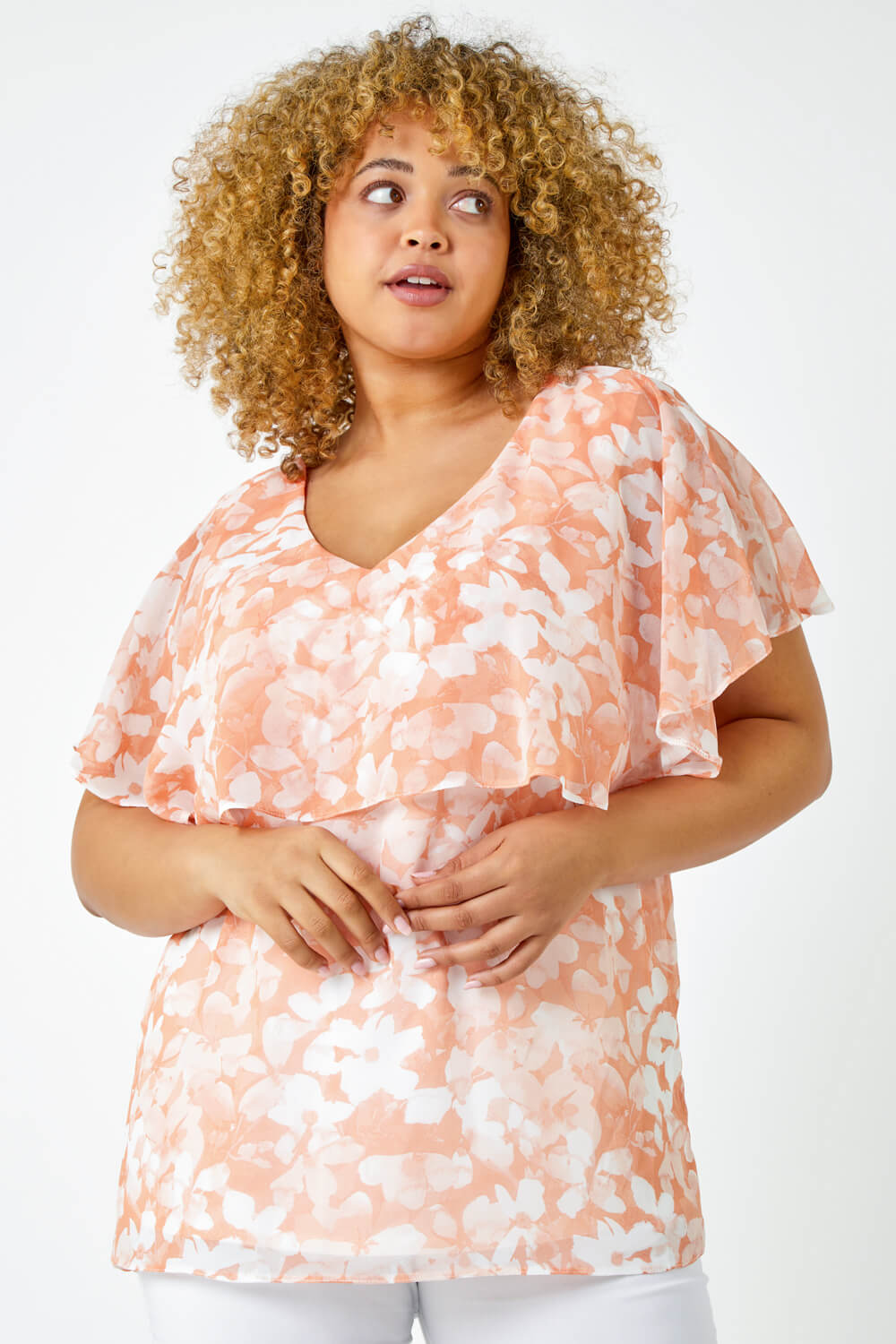 CORAL Curve Floral Chiffon Overlay Top, Image 4 of 5