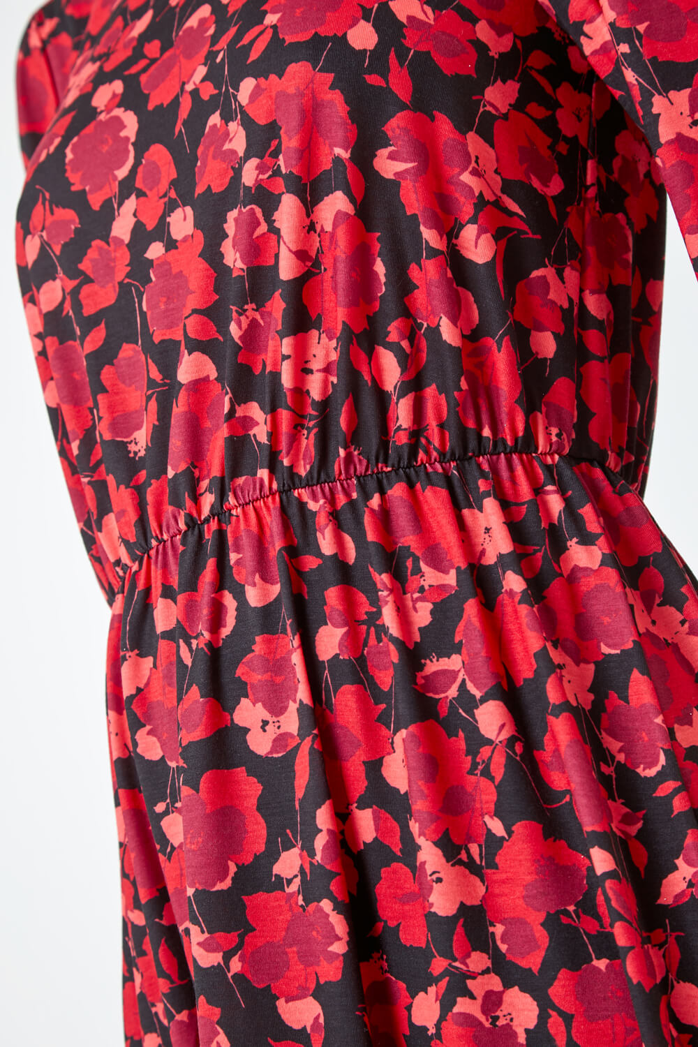 Red Floral Print Frill Hem Stretch Dress, Image 5 of 5