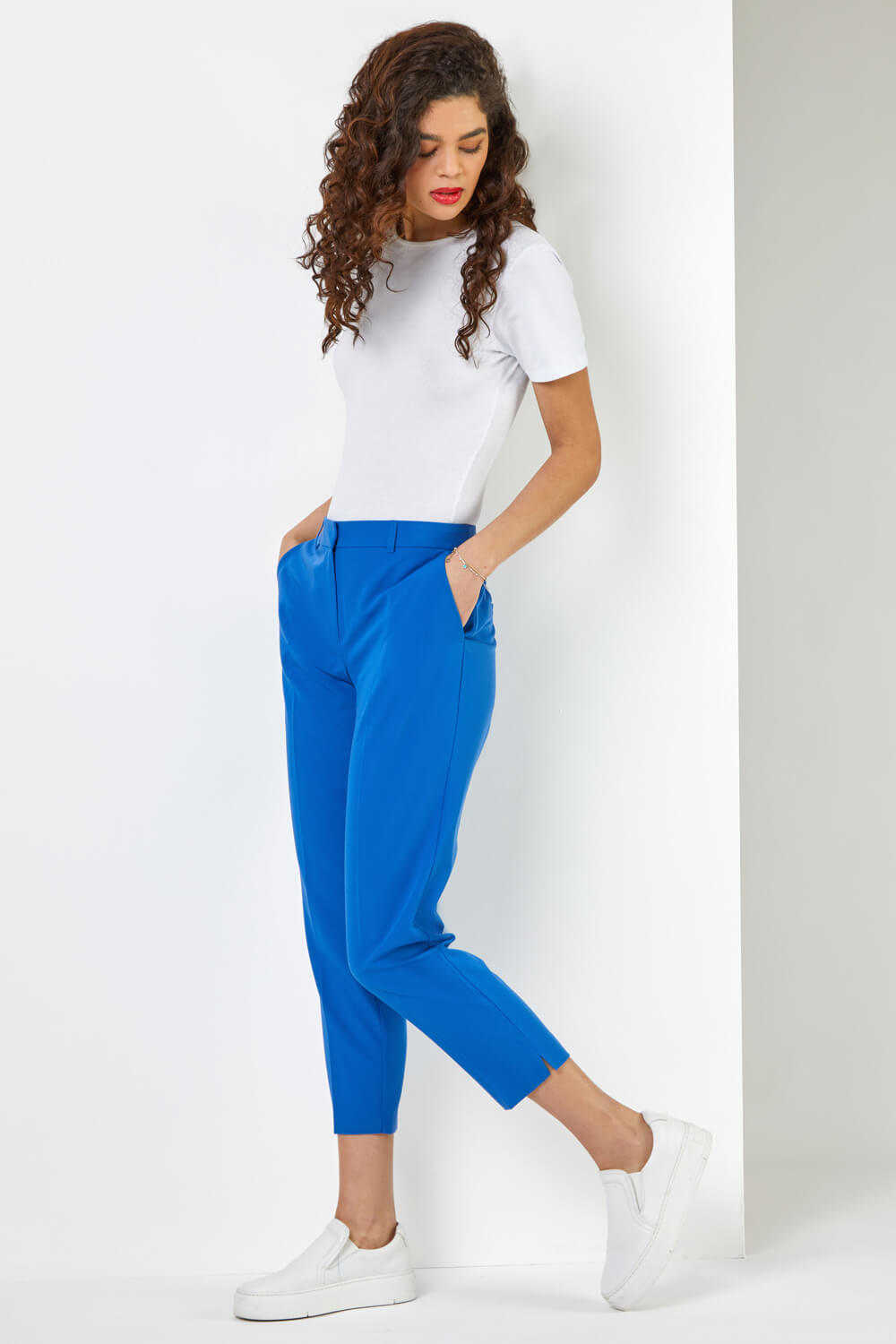 Royal Blue Smart Tapered Stretch Trousers, Image 4 of 5